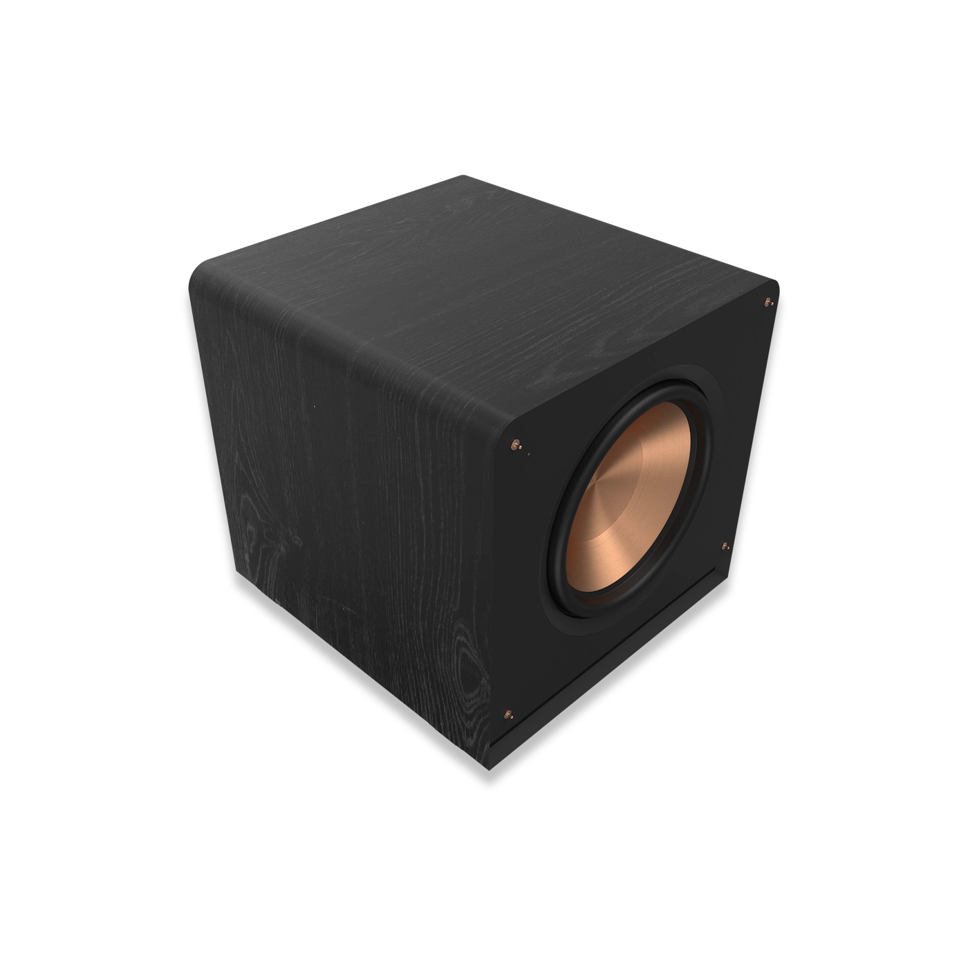 Schwarzer Subwoofer mit kupferfarbenem Konus auf weißem Hintergrund.