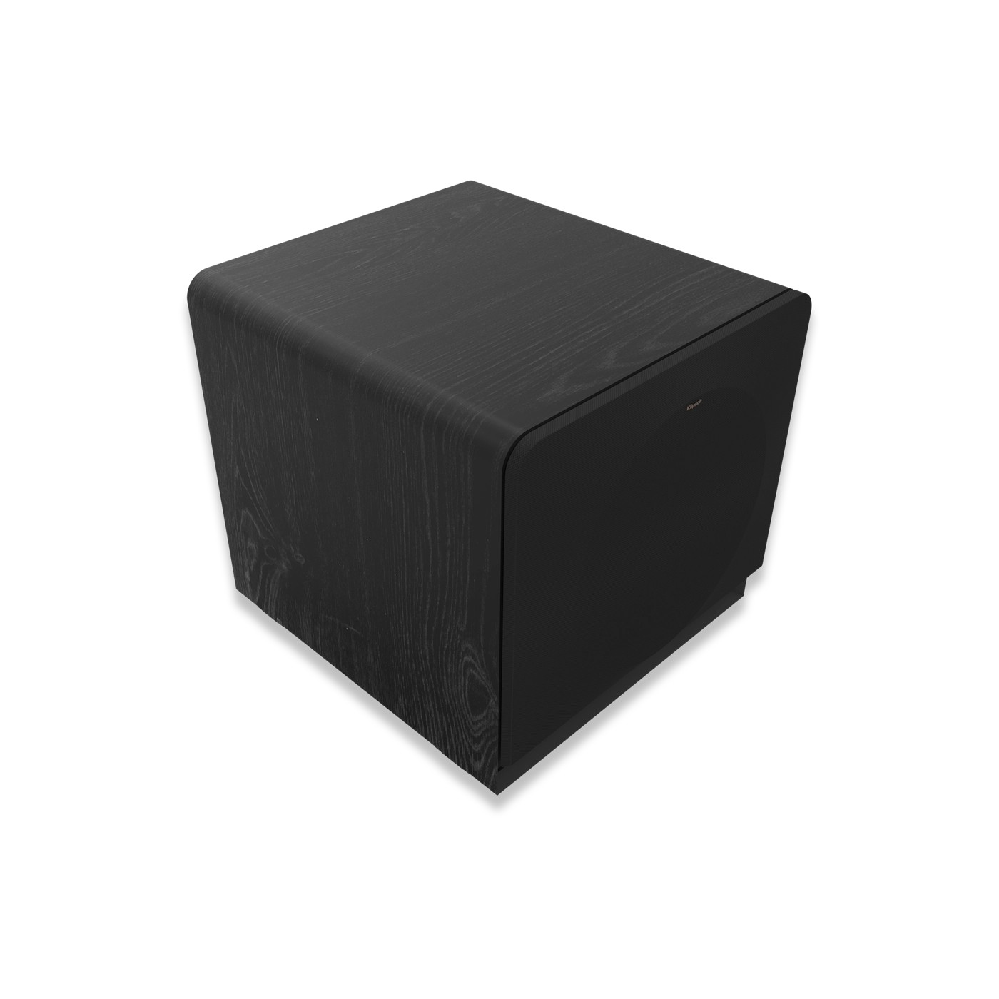 Schwarzer Holzmaserung-Subwoofer mit abgerundeten Ecken, auf weißem Hintergrund.