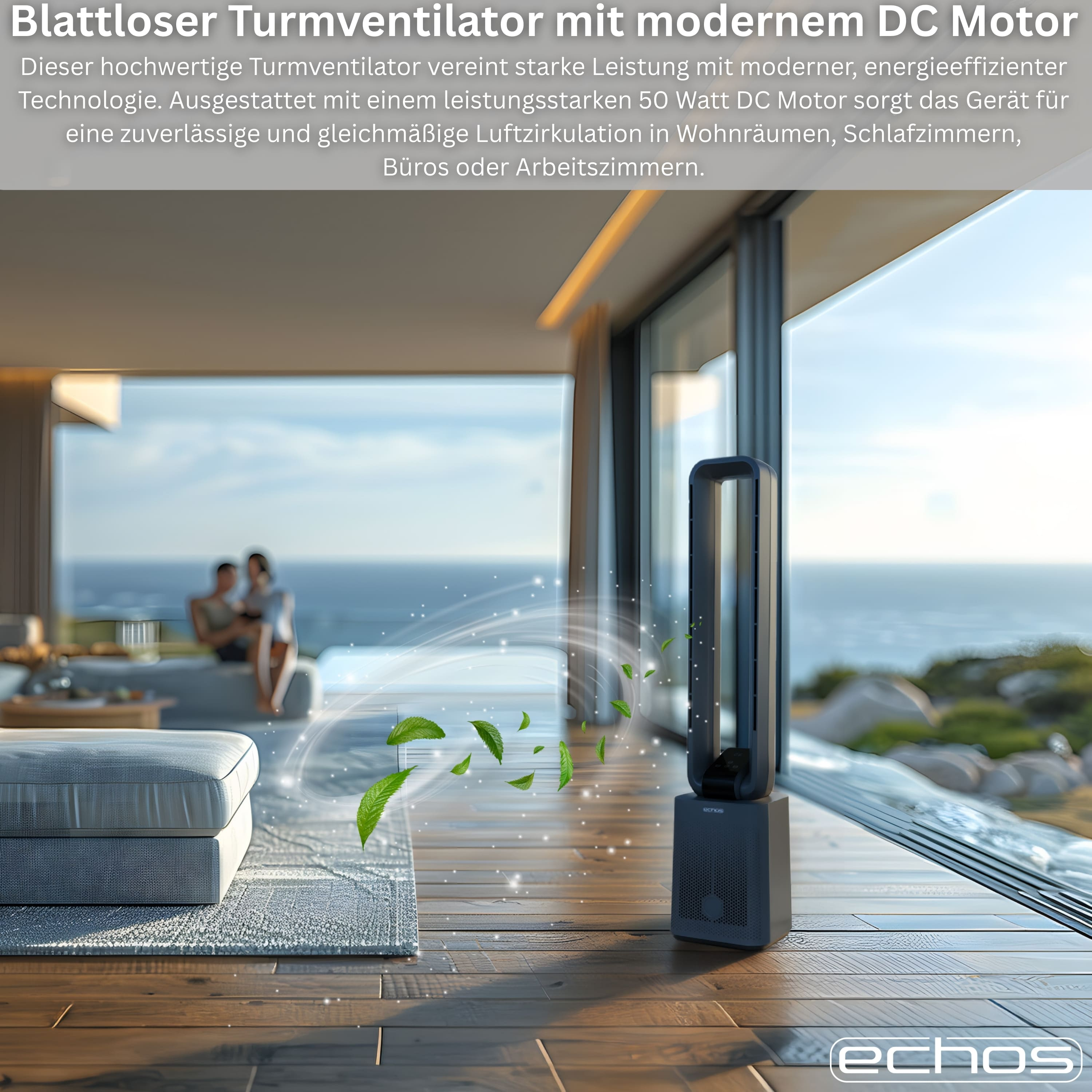 Ein moderner Turmventilator steht auf einem Holzboden, grüne Blätter schweben in der Luft.