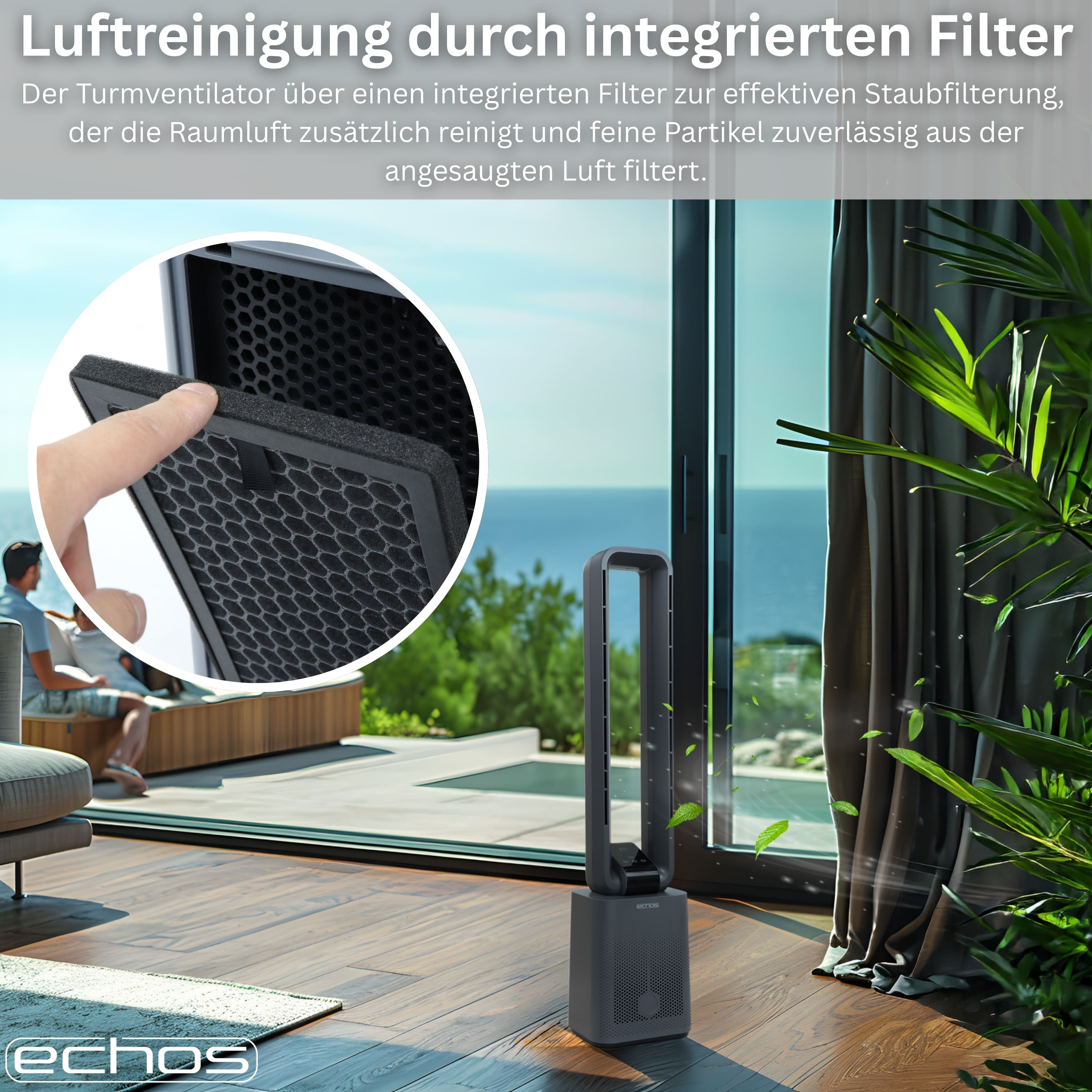 Ein moderner Turmventilator mit integriertem Filter steht auf einem Holzboden.