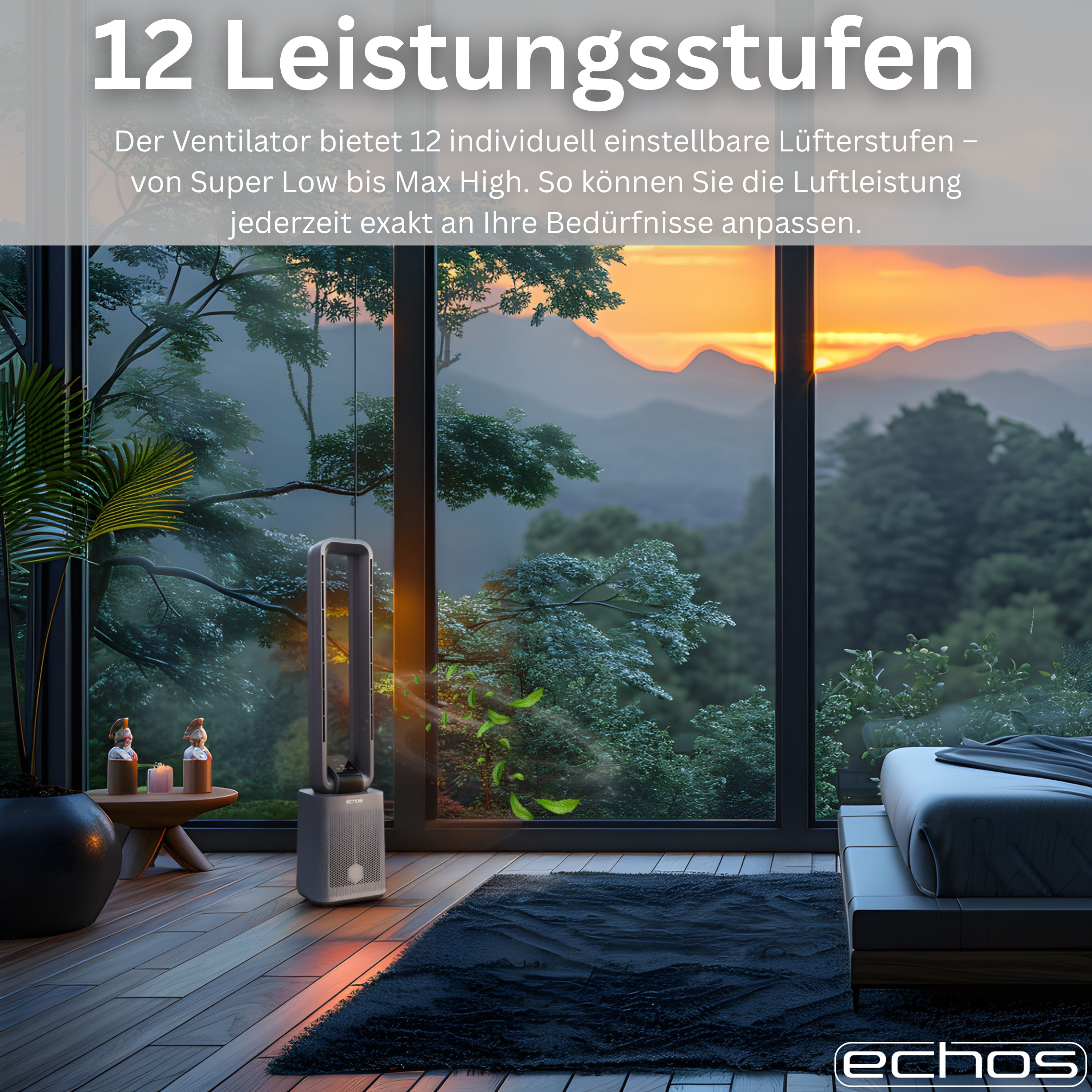 Ventilator mit 12 Stufen vor einem Fenster mit Berglandschaft bei Sonnenuntergang.