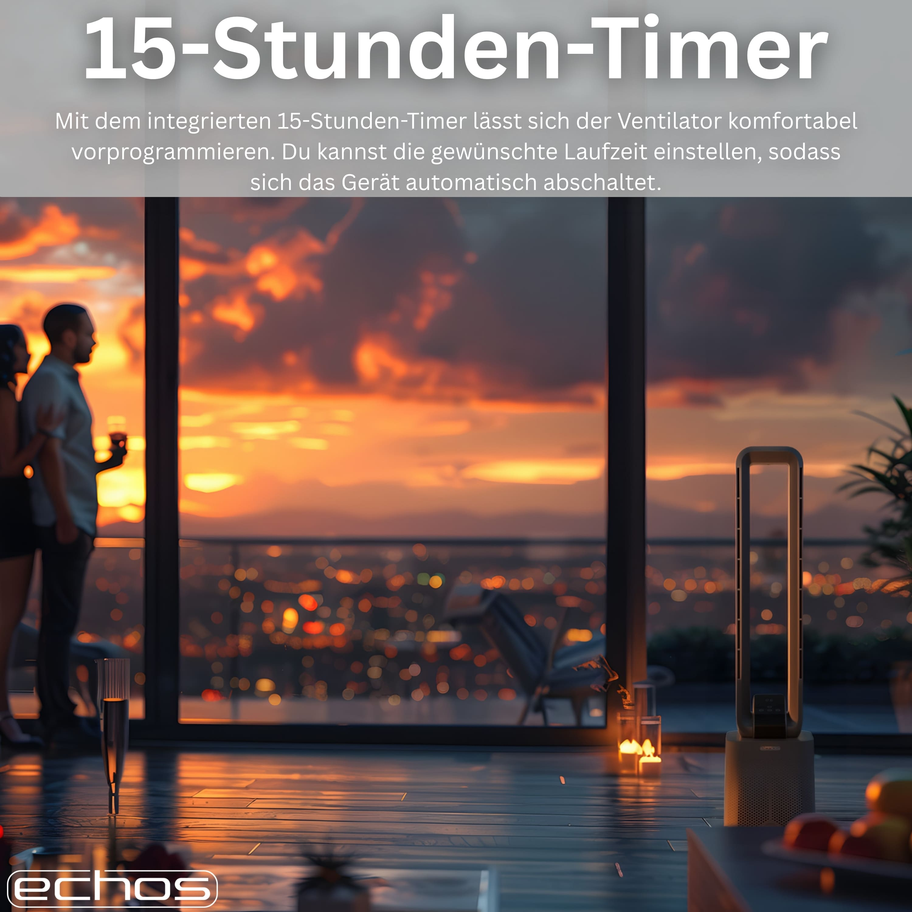 Ein Paar blickt auf den Sonnenuntergang über einer Stadt. Ein Ventilator steht im Vordergrund.
