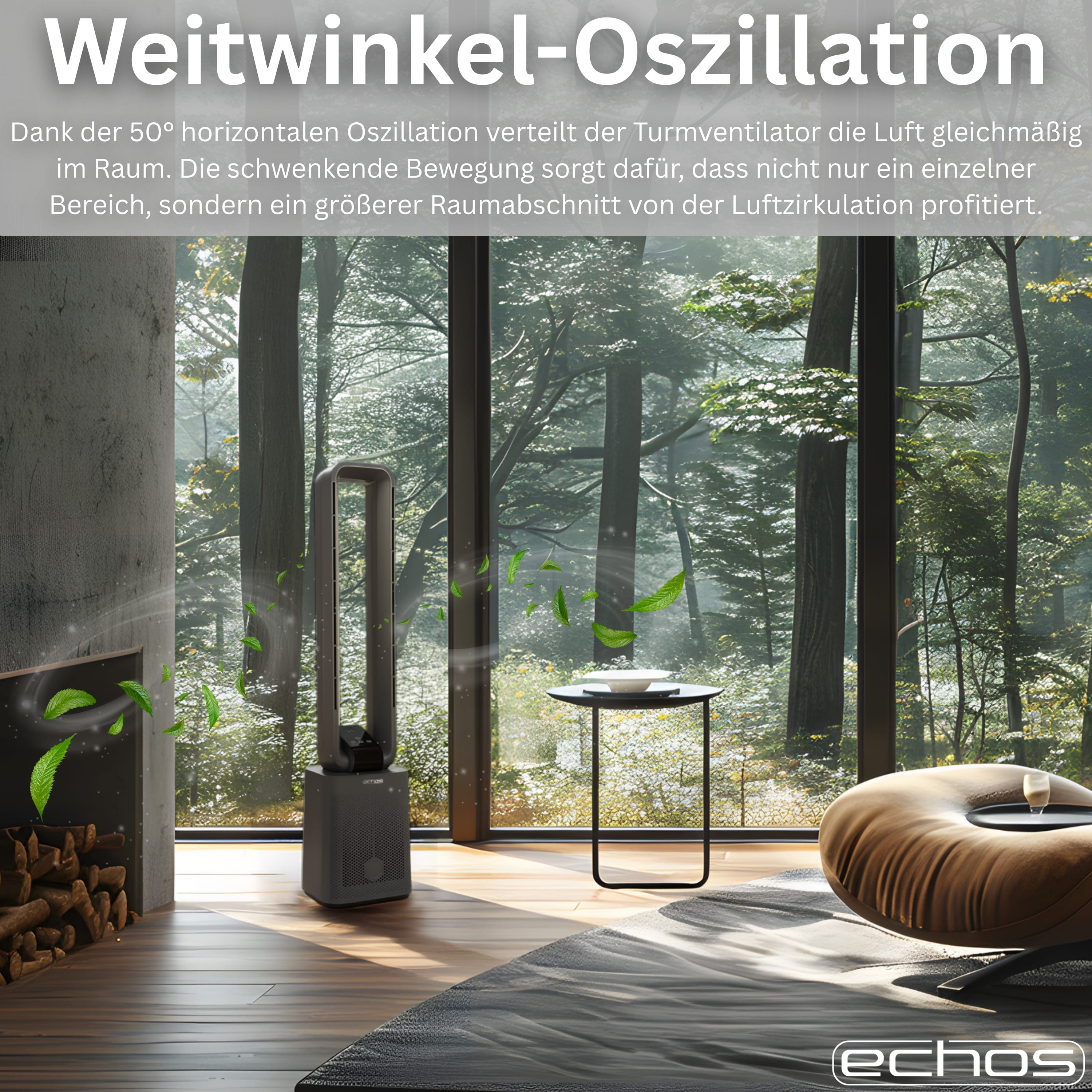 Ein schlanker Ventilator steht in einem modernen Raum, grüne Blätter wirbeln um ihn.