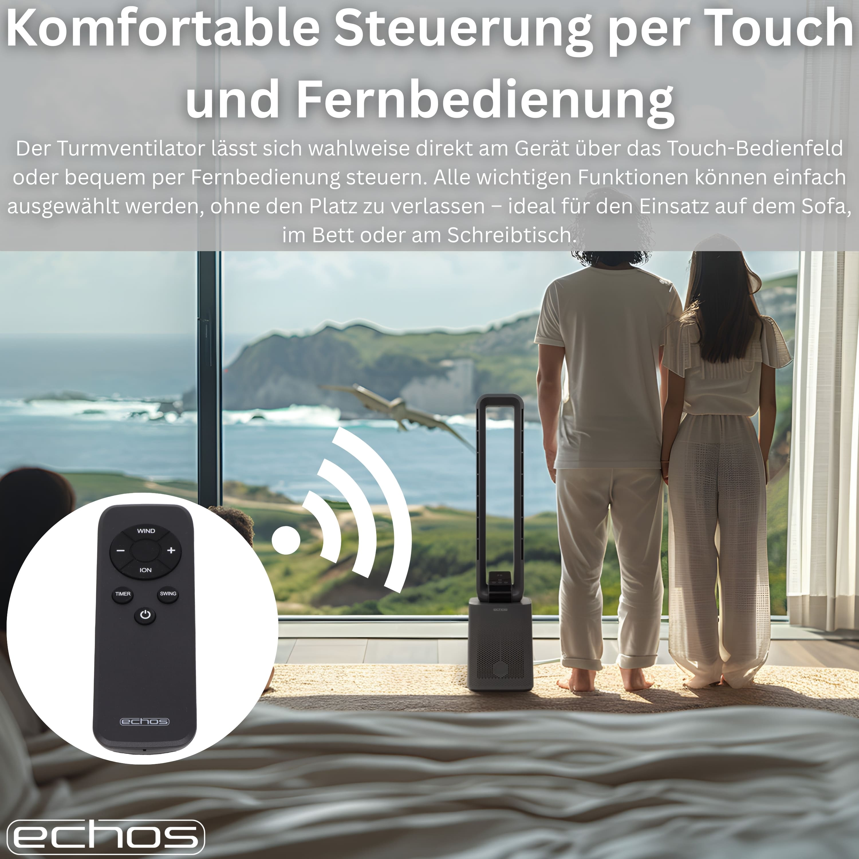 Ein Paar steht vor einem Fenster mit Blick aufs Meer. Ein Turmventilator und eine Fernbedienung sind zu sehen.