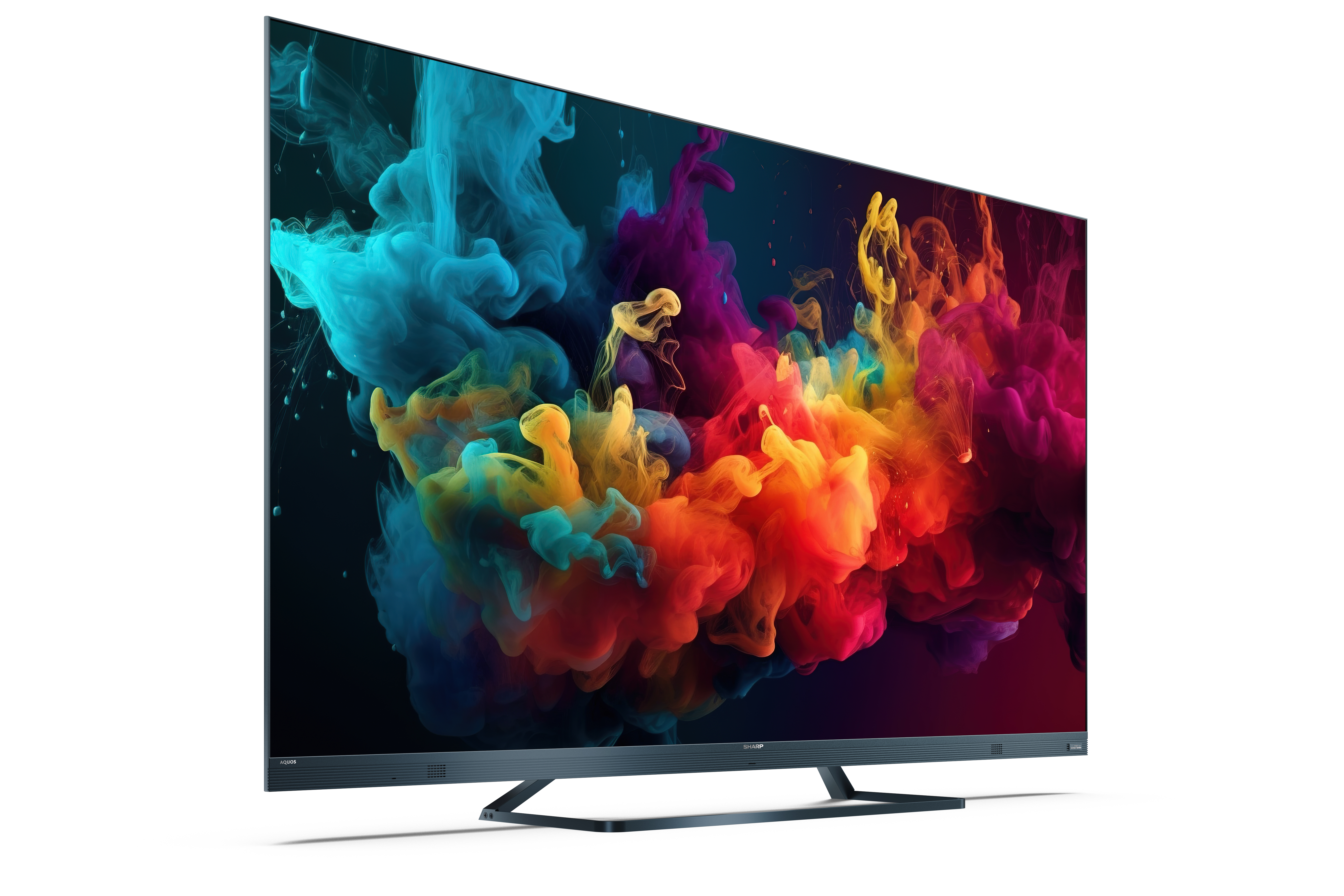 Ein moderner Fernseher zeigt eine abstrakte bunte Rauchwolke.