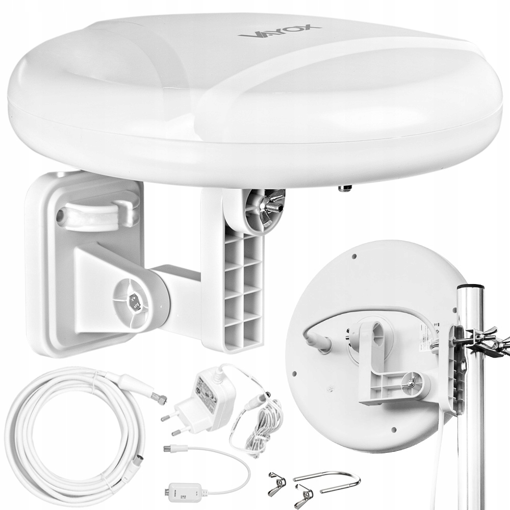 Biała antena z akcesoriami: kabel, zasilacz, zaciski, wspornik.