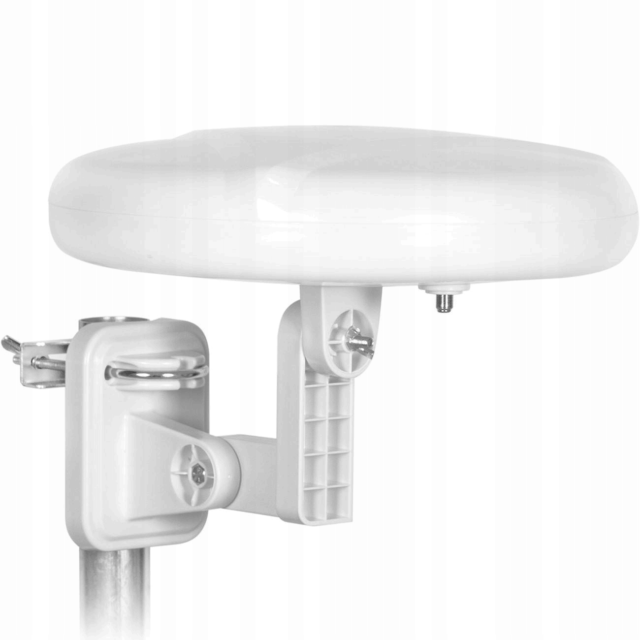 Biała antena satelitarna z uchwytem zamontowana na metalowym słupie.