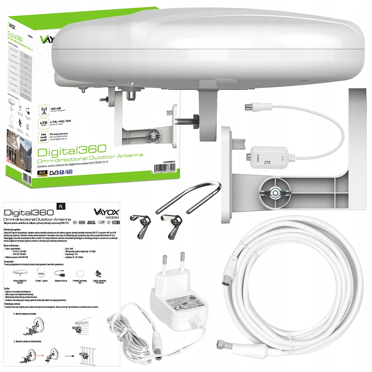 Biała antena dookólna Digital360 z akcesoriami: zasilacz, kabel i uchwyt montażowy.