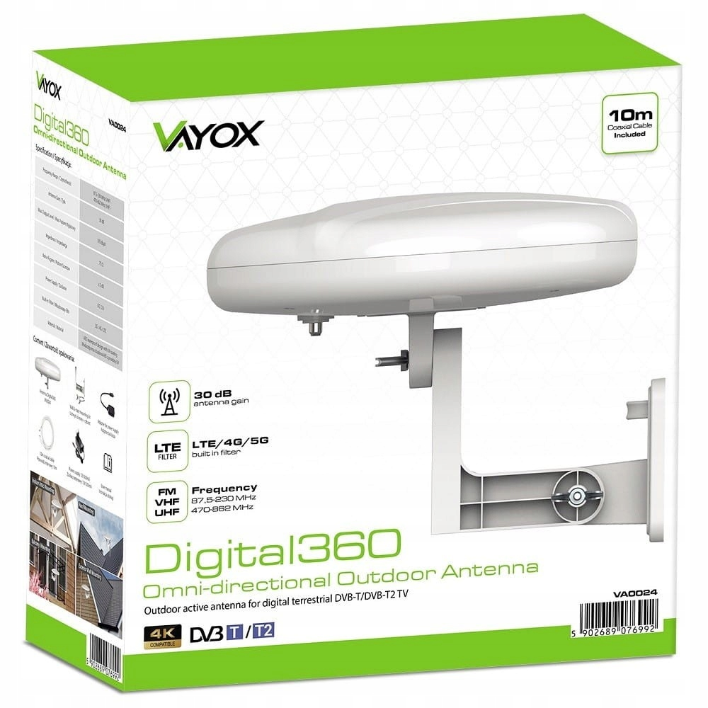 Weiße Vayox Digital360 Antenne mit 30 dB Gewinn und LTE/4G/5G Filter.