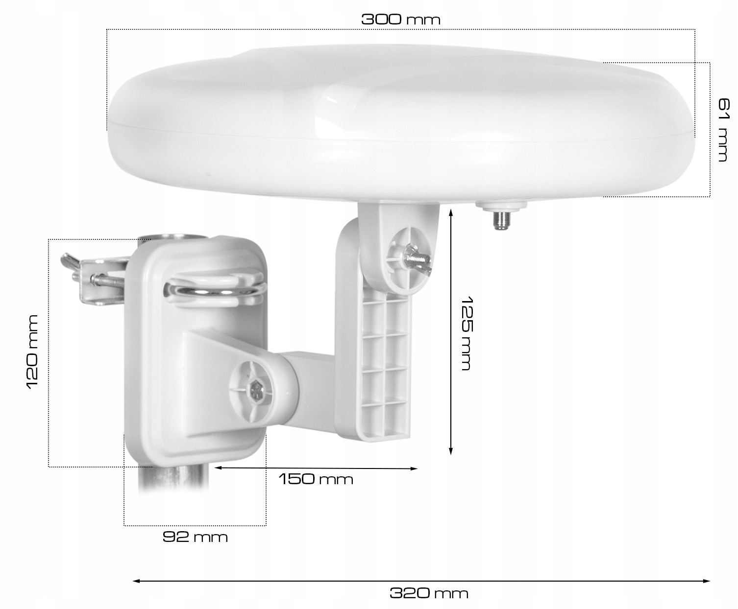 Biała antena z uchwytem, podano wymiary.