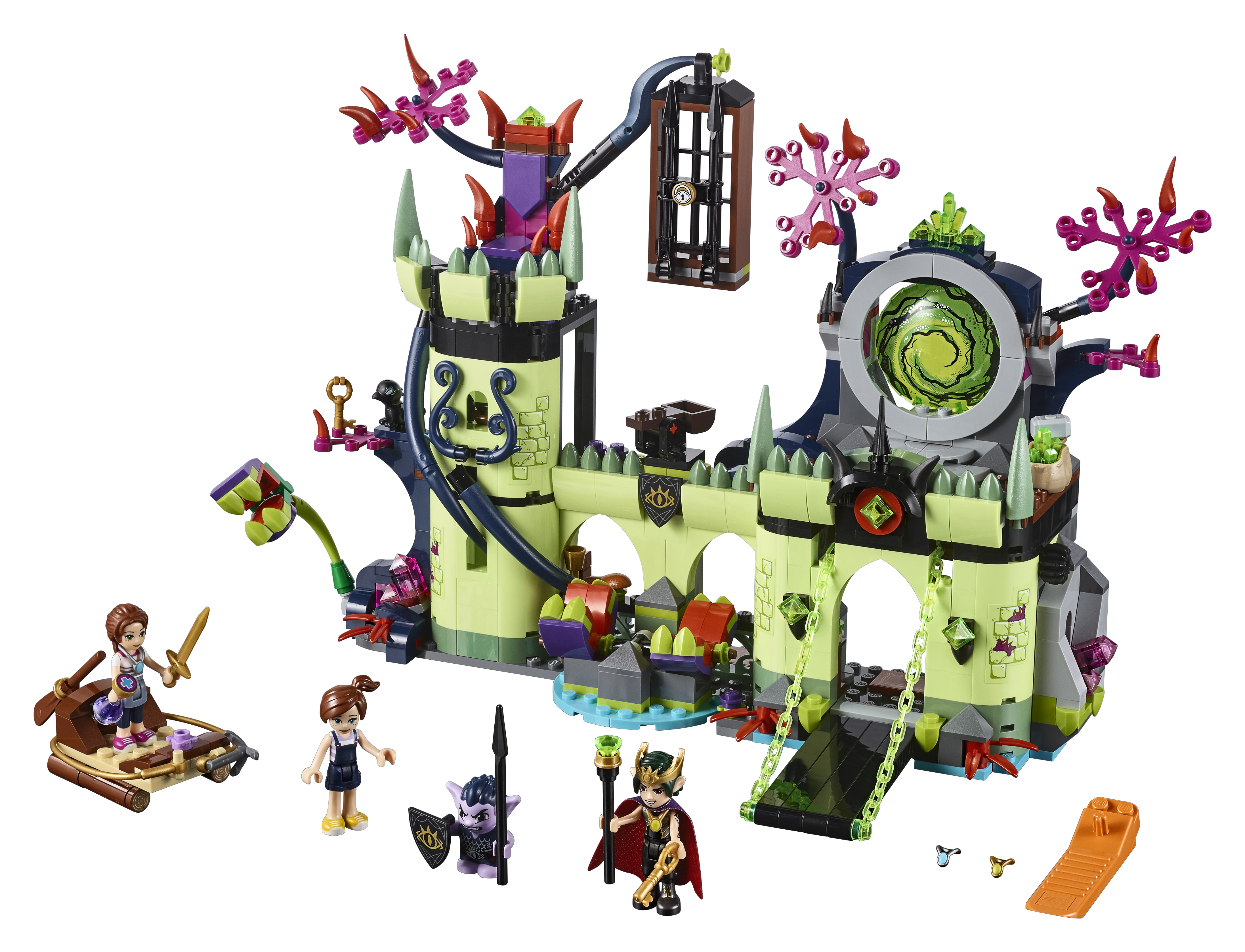 Un set di castello Lego con figure, un portale e vari accessori.