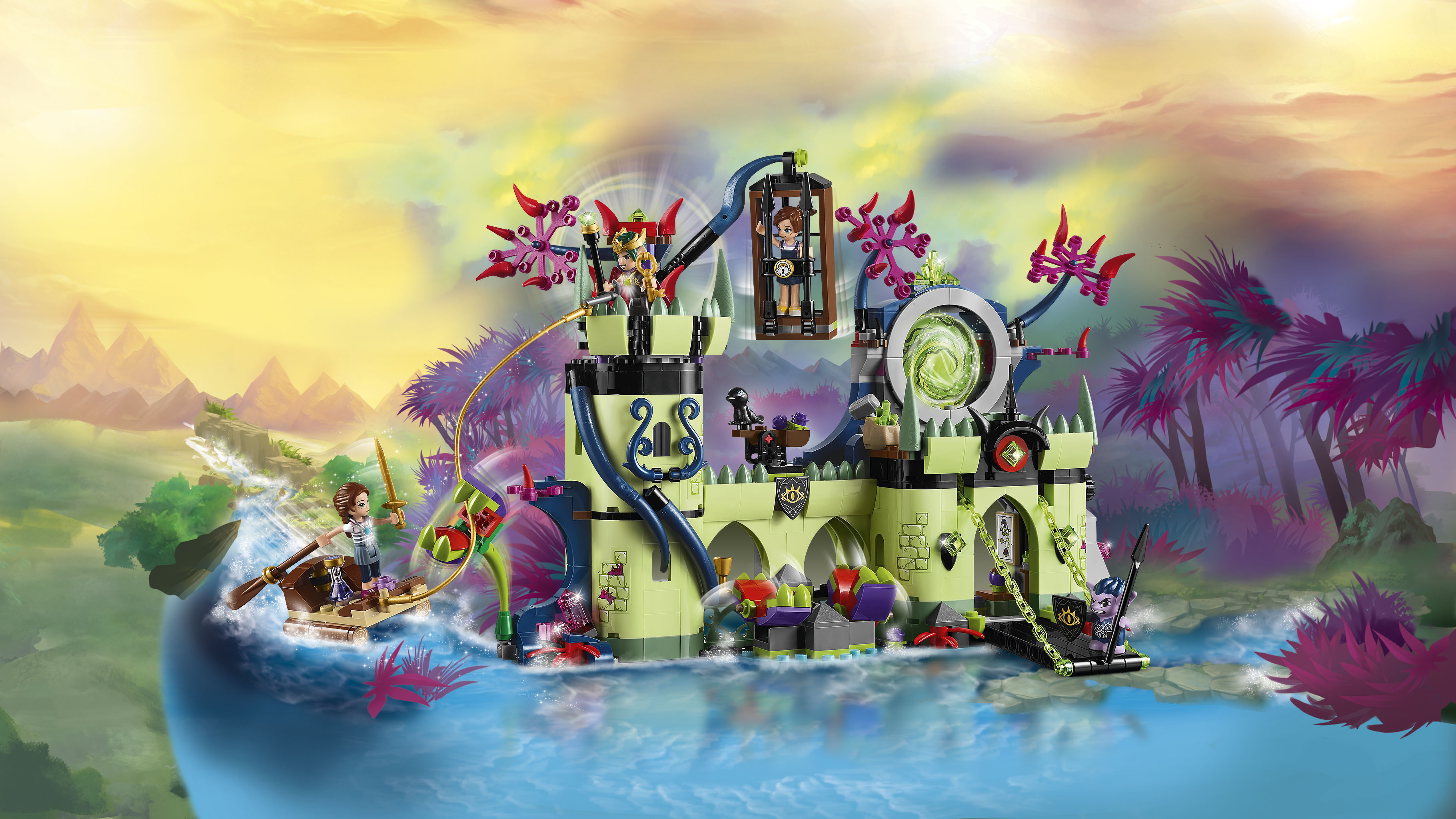 Un castello Lego con figure vicino all'acqua in una terra fantastica.