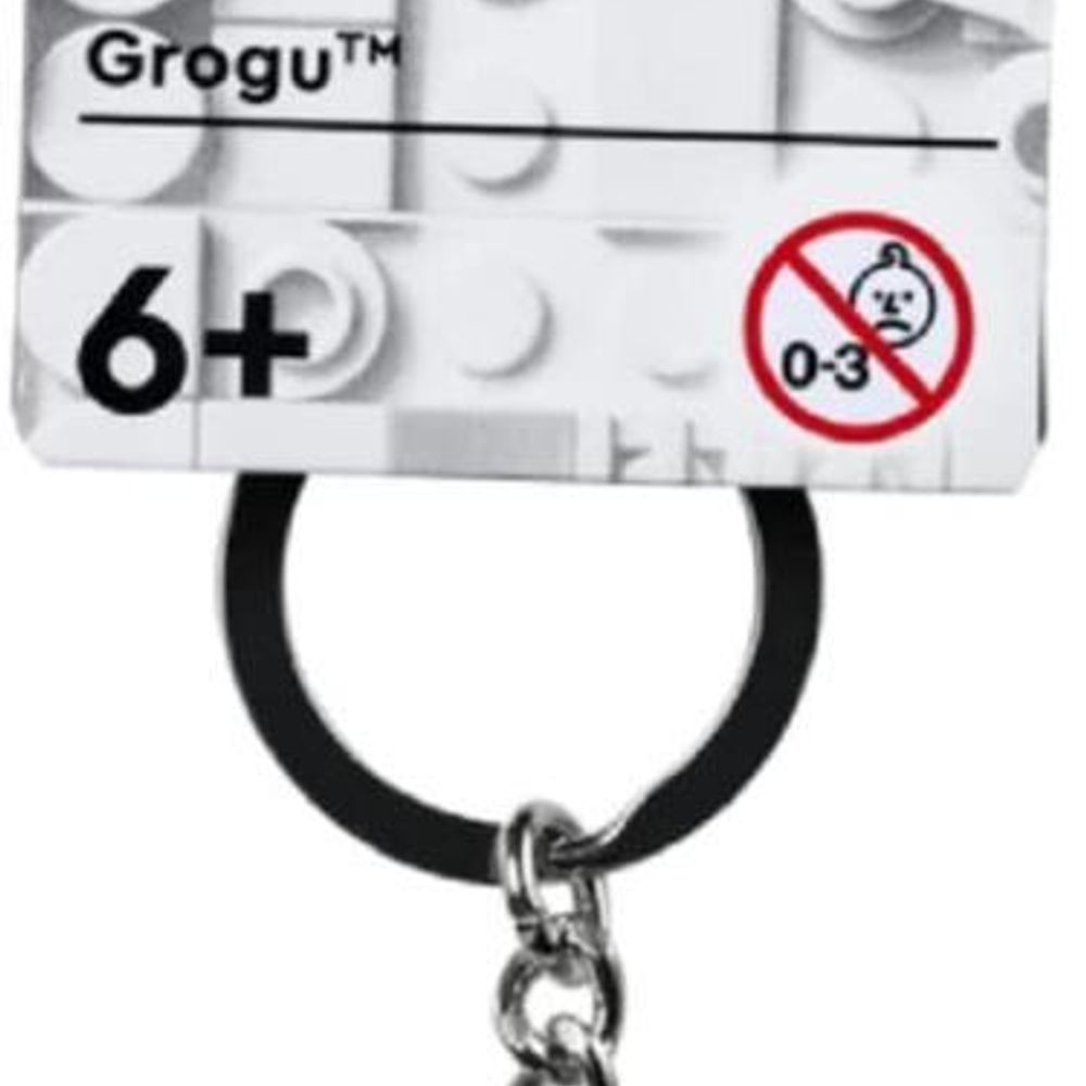 Grogu anahtarlık, 6+ yaş ve 0-3 uyarı sembolü.