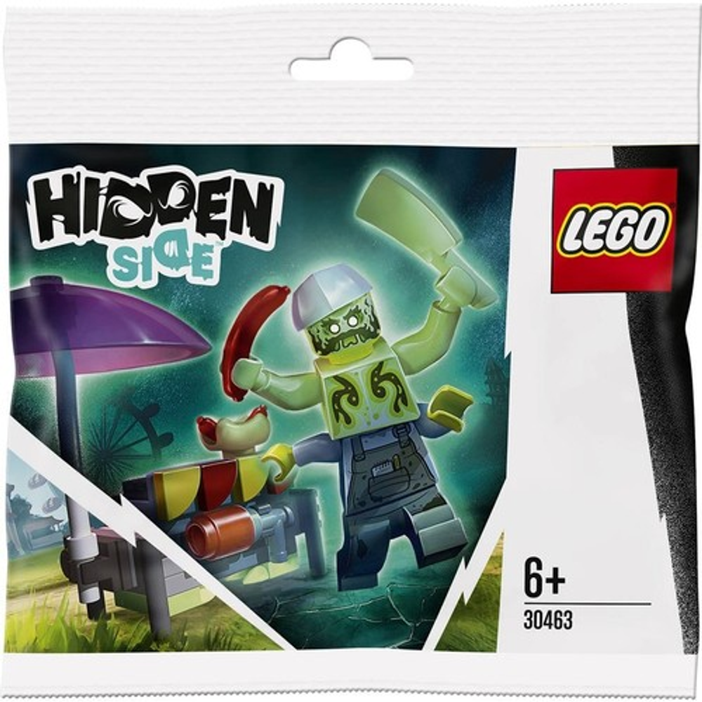 Zombie LEGO Hidden Side con griglia e hotdog sotto un ombrello viola.