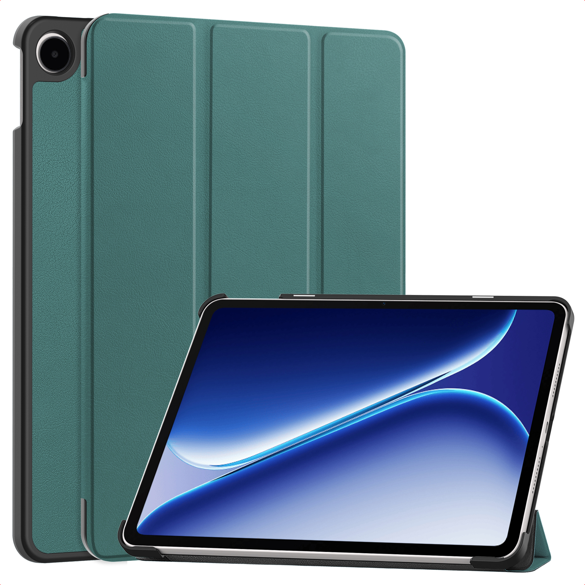 Een groene tablet in een hoes, vooraanzicht, met blauw behang.