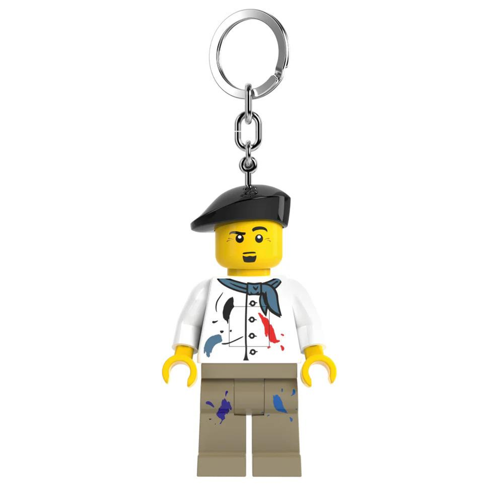 Lego anahtarlık: Bereli, atkılı, boya sıçramış sanatçı figürü.
