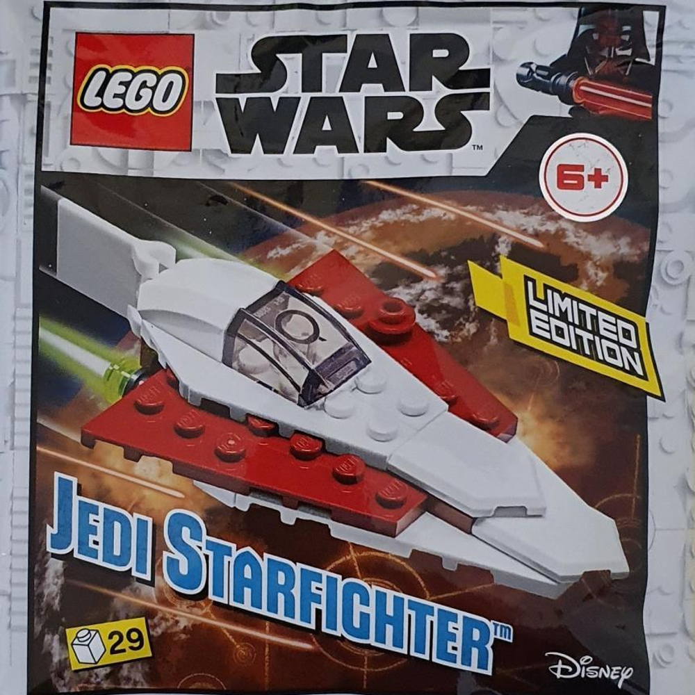LEGO Star Wars Jedi Starfighter torbası, uzay gemisi ve gezegen arka planı.