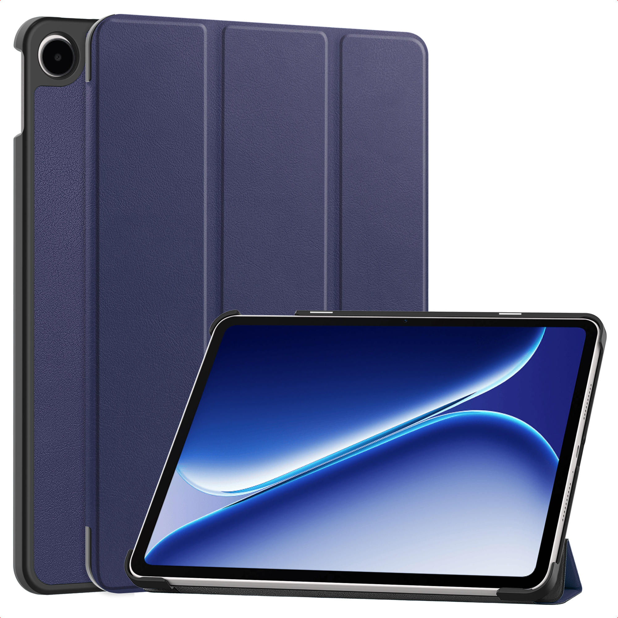 Een donkerblauwe tablethoes met een tablet die een blauwe achtergrond weergeeft.