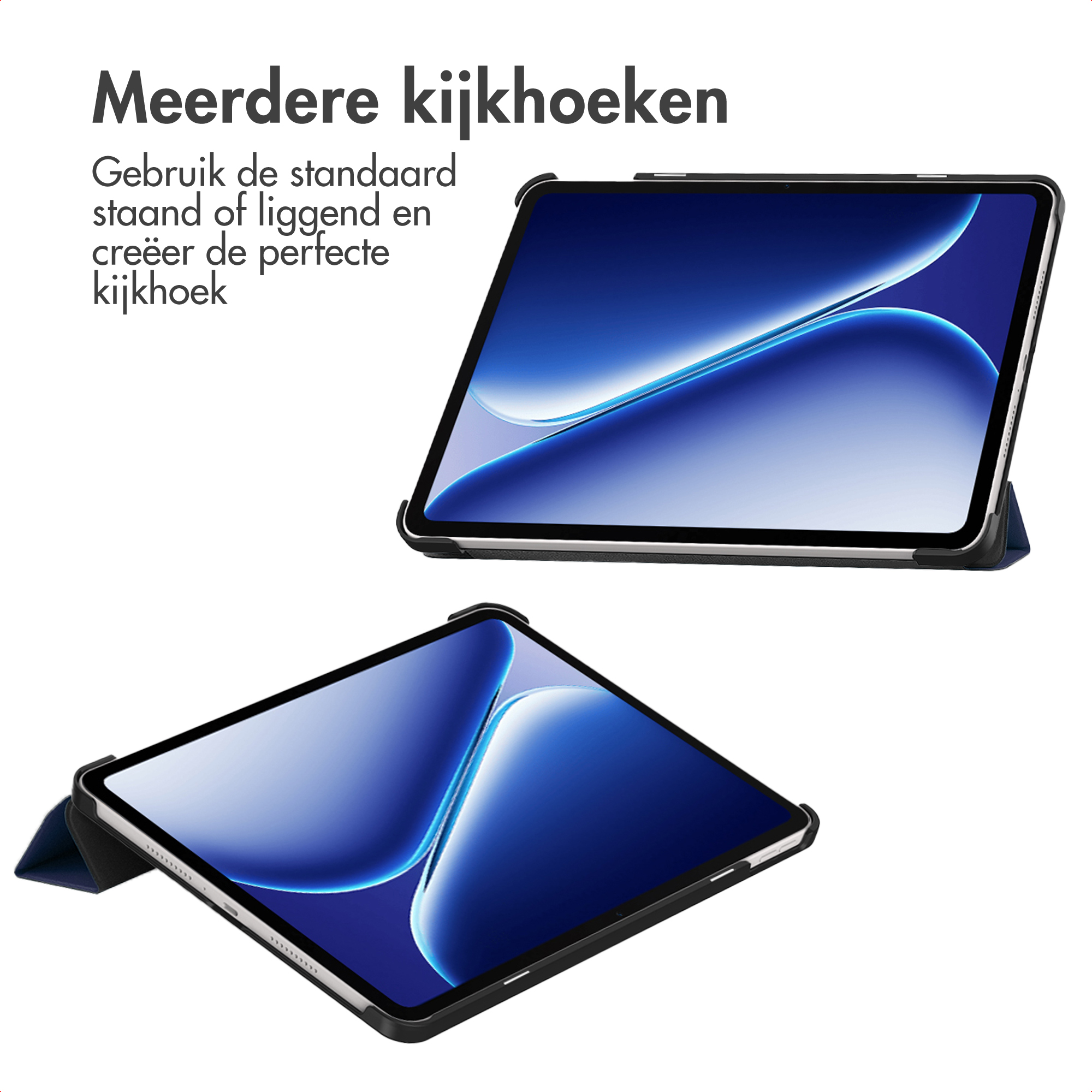 Twee tablets in hoesjes tonen verschillende kijkhoeken. Eén staat, de ander ligt.