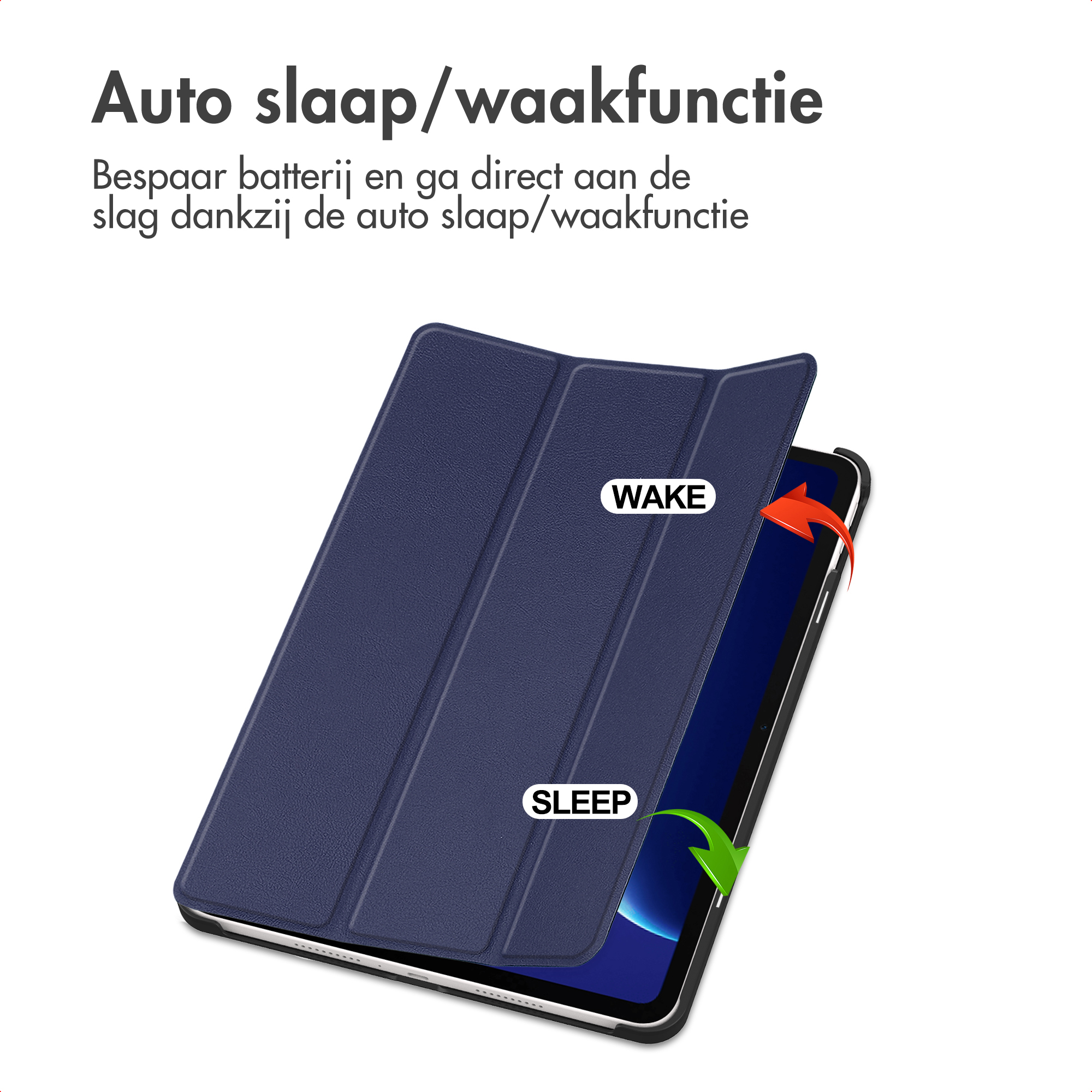 Donkerblauwe tablethoes die opengaat om te wekken en sluit om te slapen.