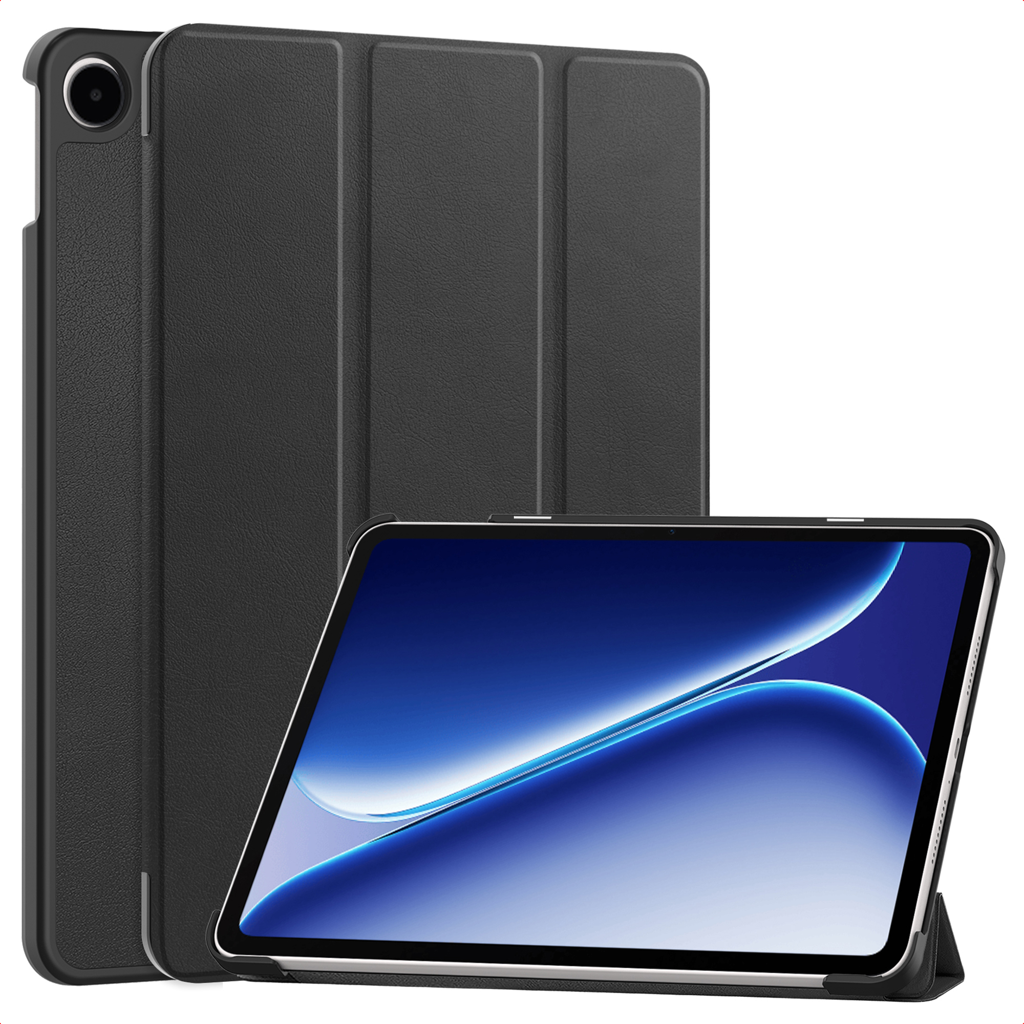 Een zwarte tablet in een hoes, rechtop staand.