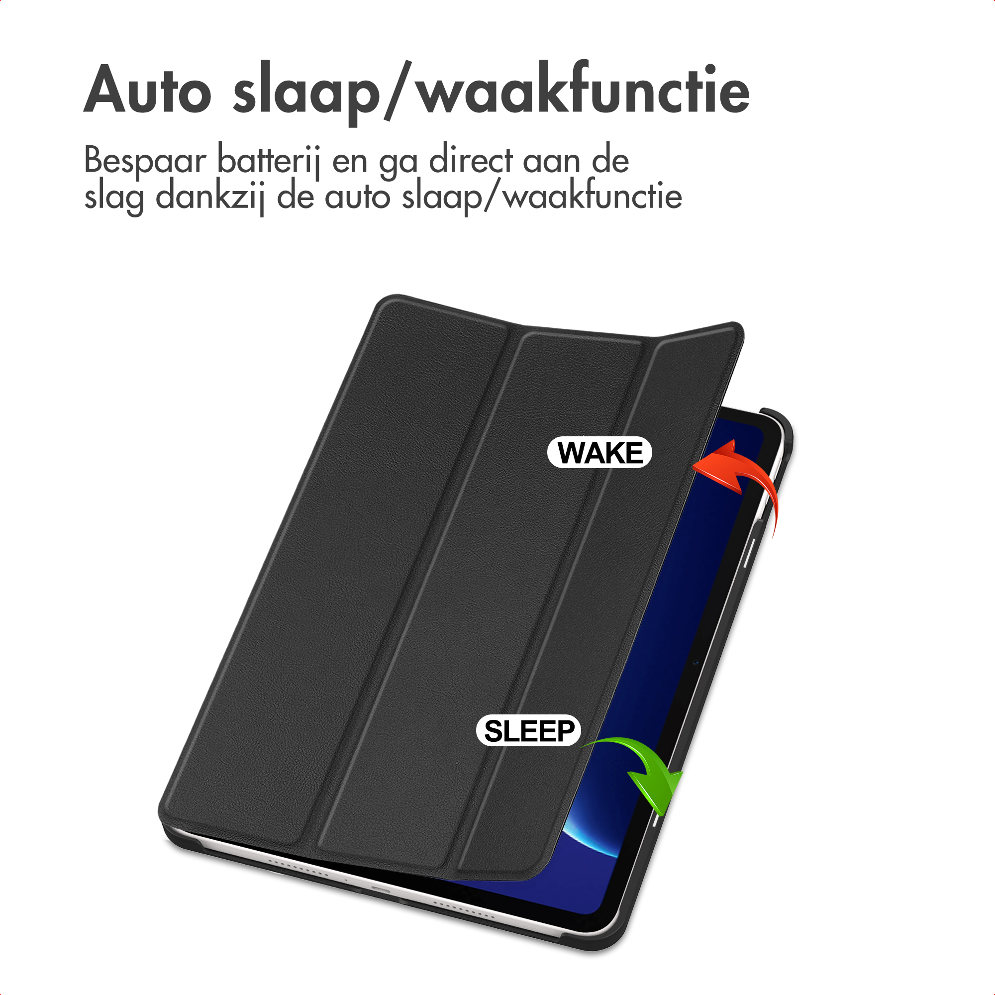 Een zwarte tablet met hoes. Pijlen geven slaap/waakfunctie aan.