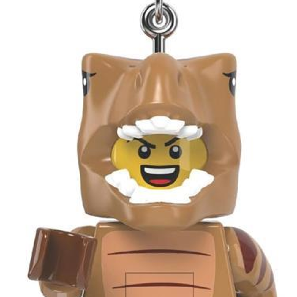 Sarı yüzlü ve ağzı açık, dinozor kostümlü kahverengi Lego karakteri.
