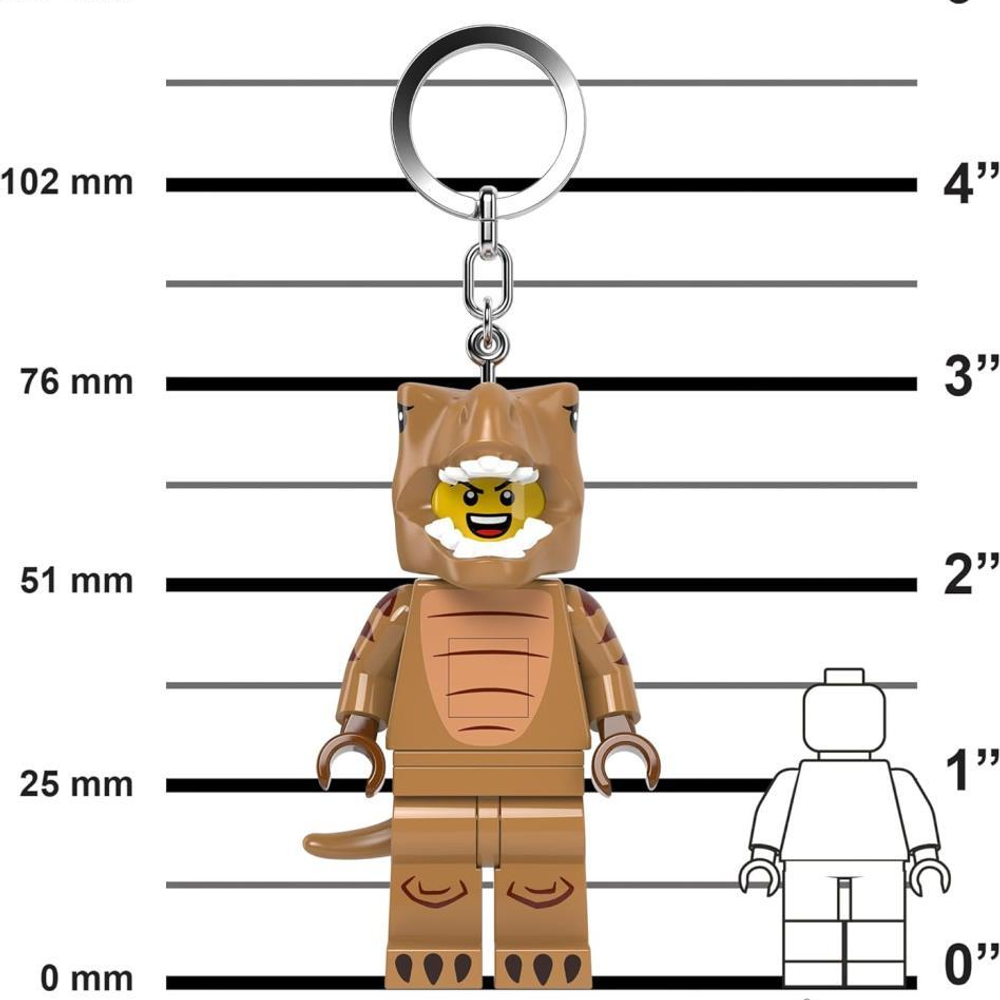 Kahverengi Lego anahtarlık, dinozor kostümlü, açık ağızlı, beyaz dişli.