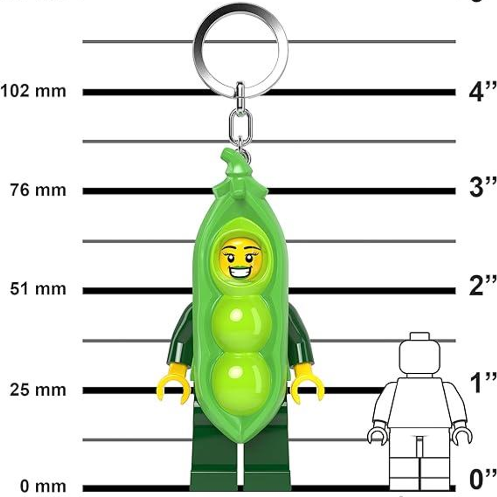 İçinde bir minifigür bulunan yeşil bezelye kabuğu anahtarlığı.