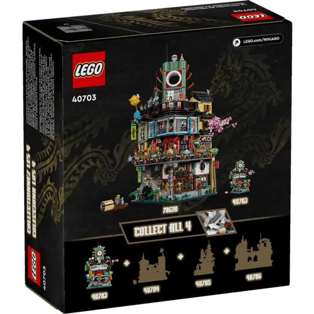 Scatola LEGO Ninjago mostra edificio dettagliato, robot piccoli e scatole da collezione.