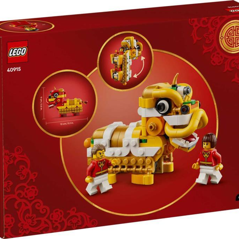 Set LEGO: Leone giallo con due minifigure su sfondo rosso.
