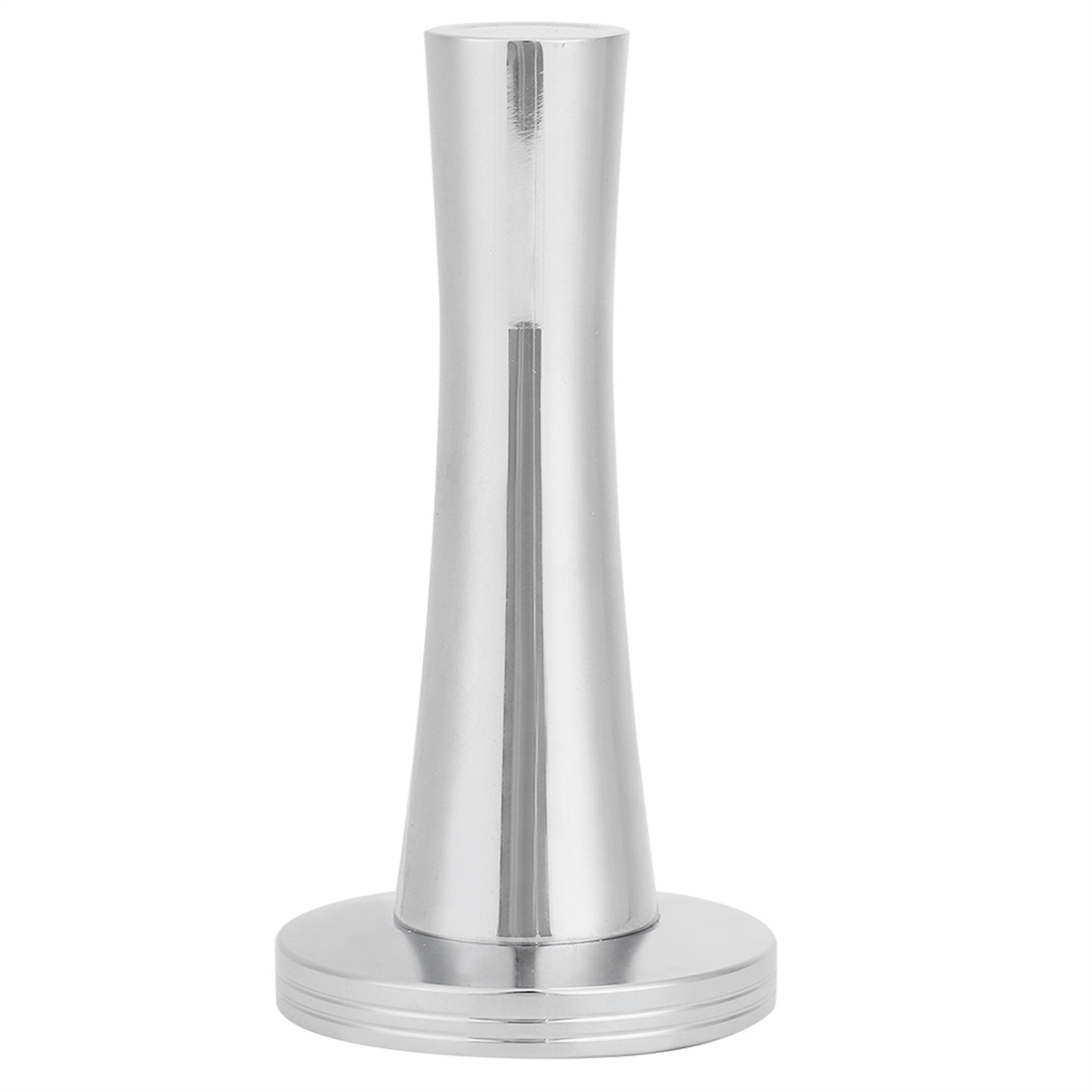 Ein silberner Kaffee-Tamper mit geriffeltem Griff und Basis.