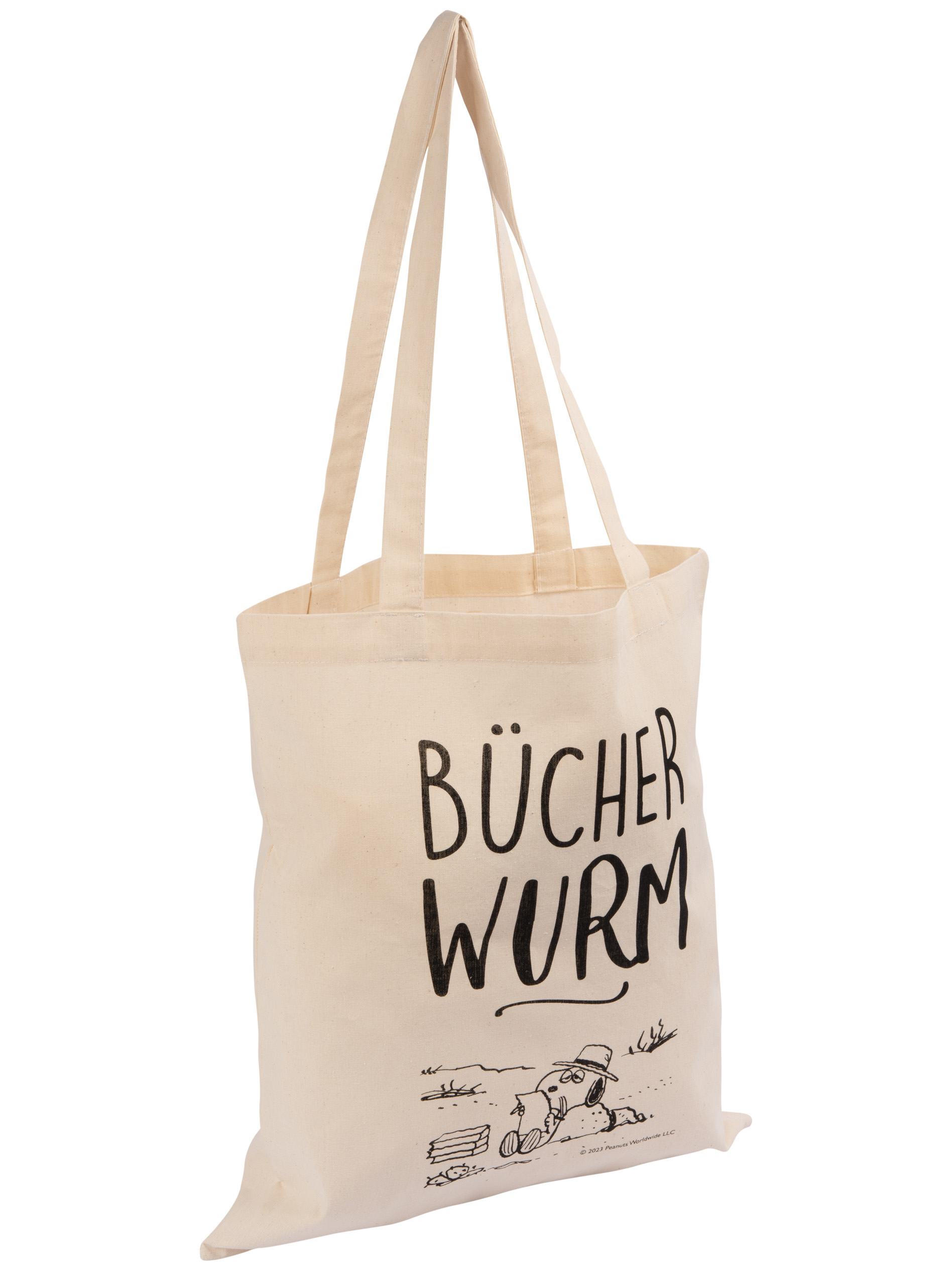 Beiger Stoffbeutel mit schwarzem Aufdruck 'Bücherwurm' und Snoopy-Illustration.