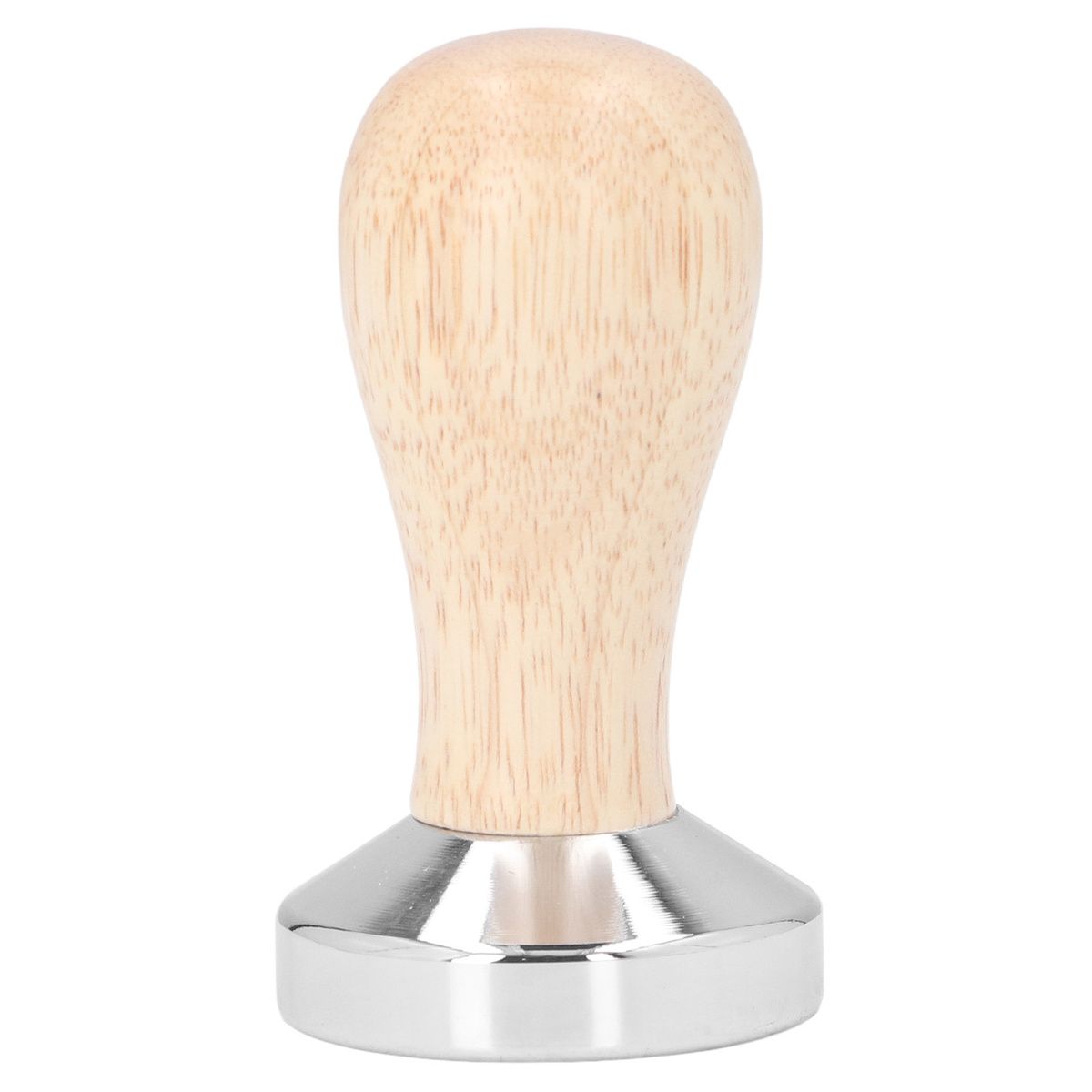 Holzgriff-Tamper mit polierter Metallbasis, auf weißem Hintergrund.