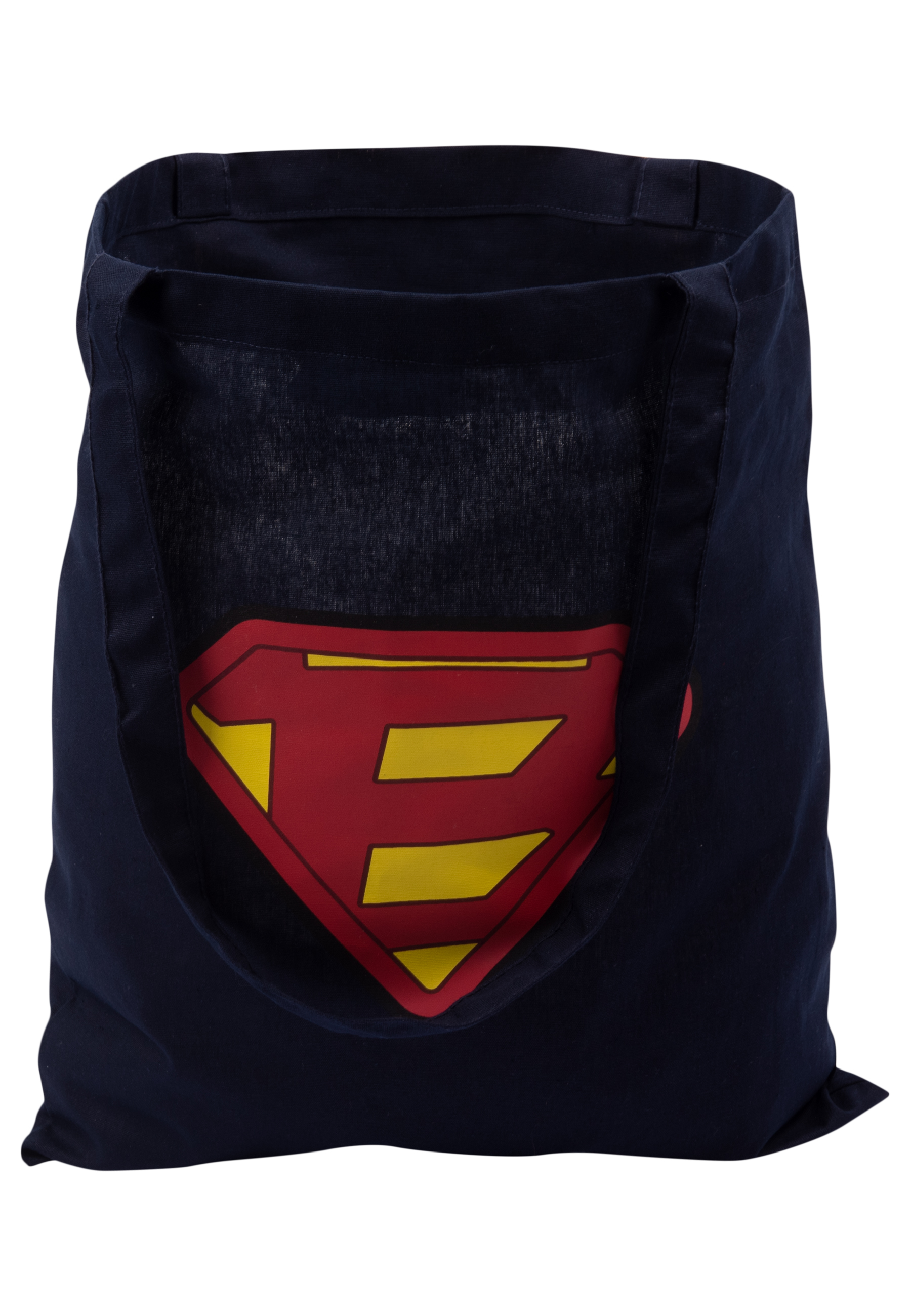 Dunkelblaue Stofftasche mit dem Superman-Logo in Rot und Gelb.