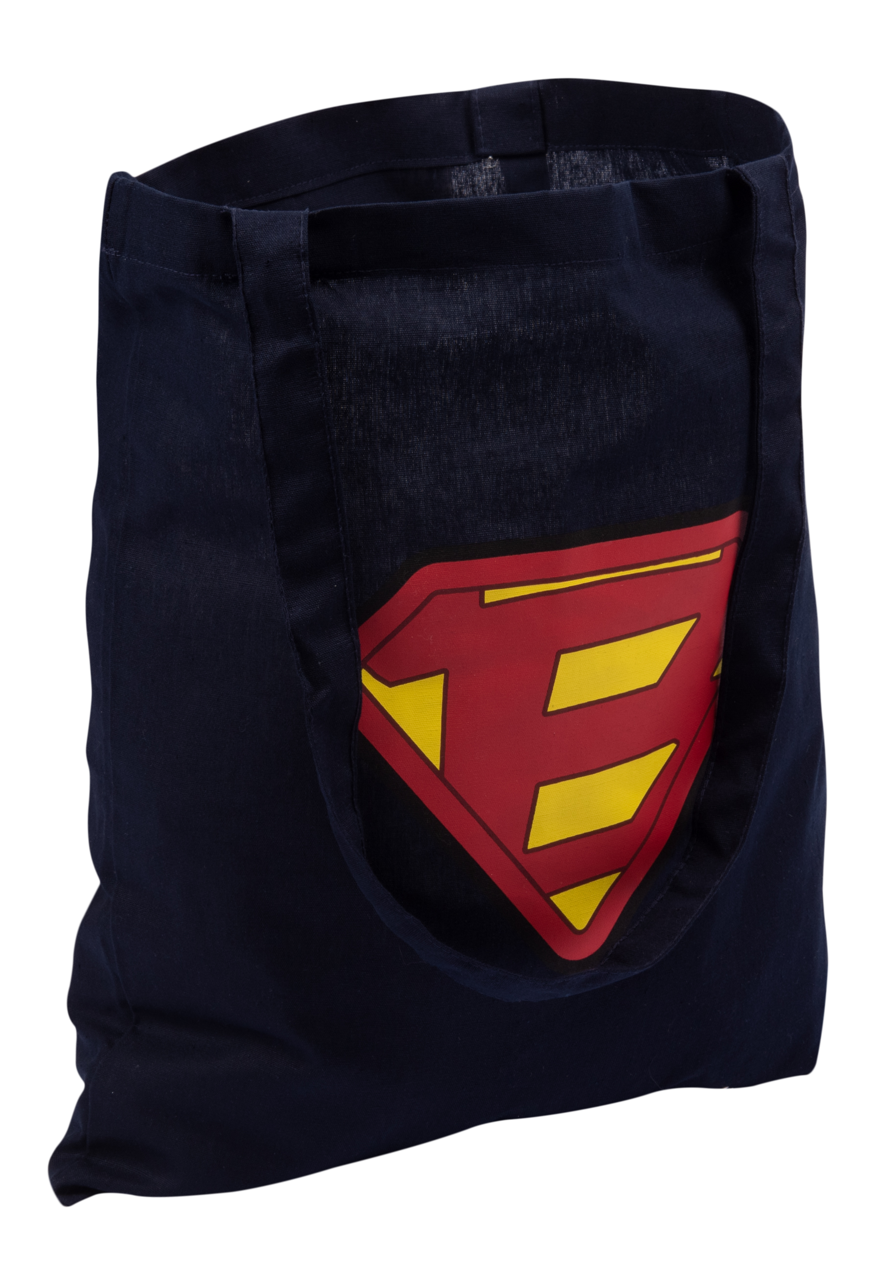 Dunkelblaue Stofftasche mit dem roten und gelben Superman-Logo auf der Vorderseite.