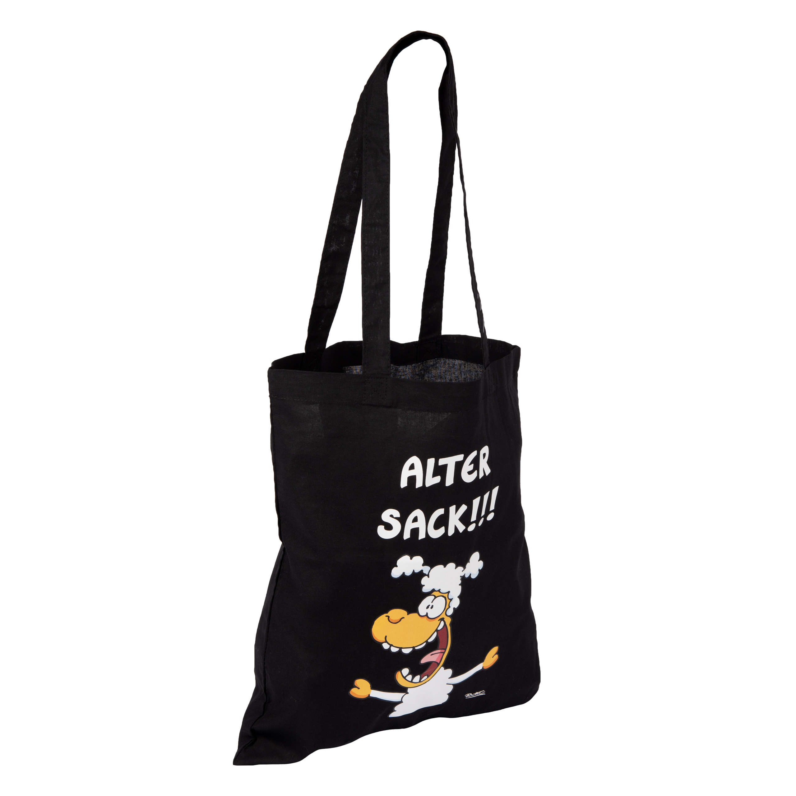Schwarze Stofftasche mit Cartoon-Schaf und Text "ALTER SACK!!!"