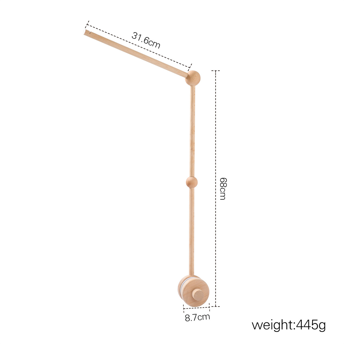 Ein hölzerner Baby-Mobile-Arm mit Maßen 31,6cm und 68cm Höhe.