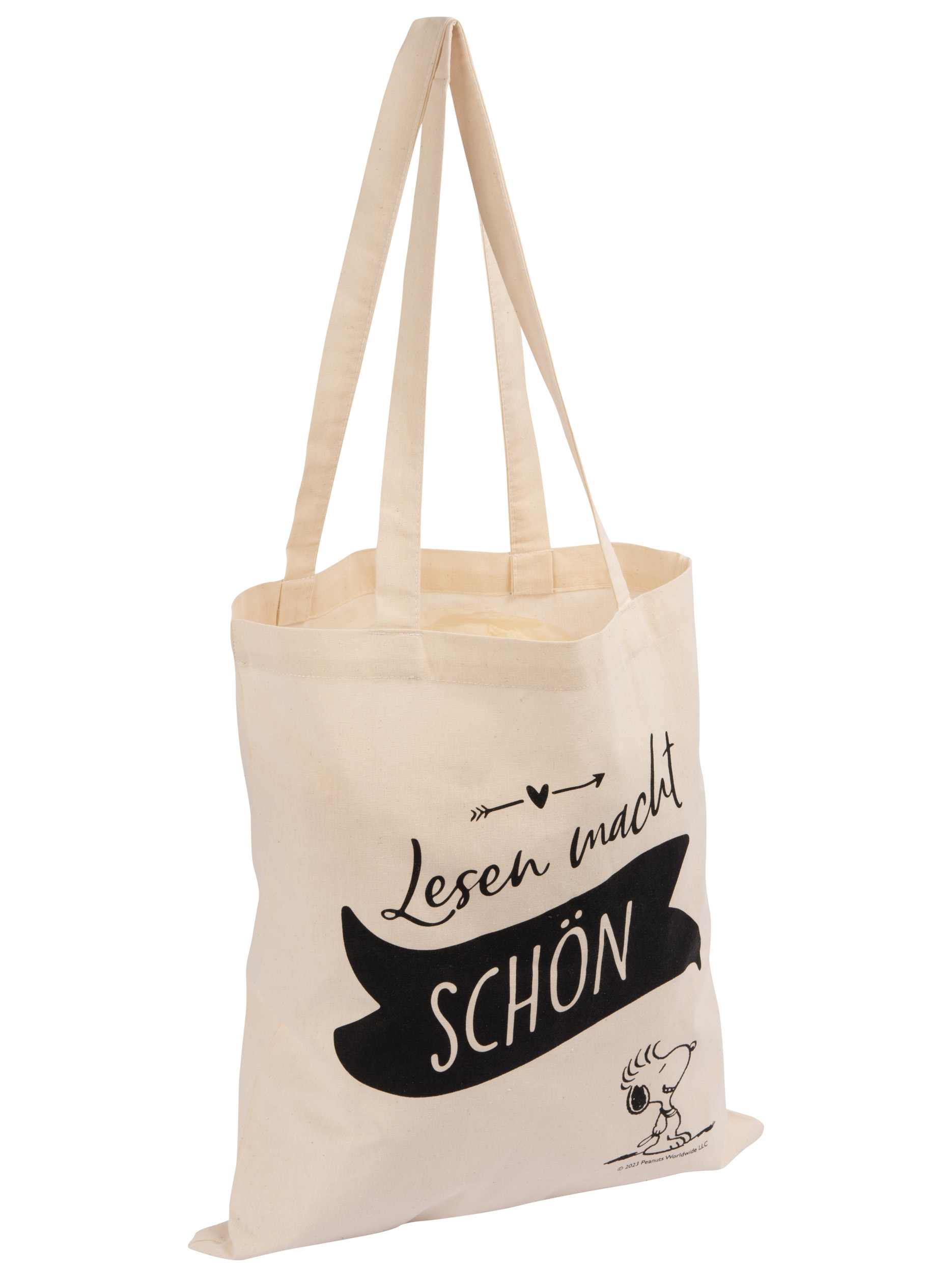 Beiger Stoffbeutel mit schwarzer Schrift und Snoopy-Grafik.