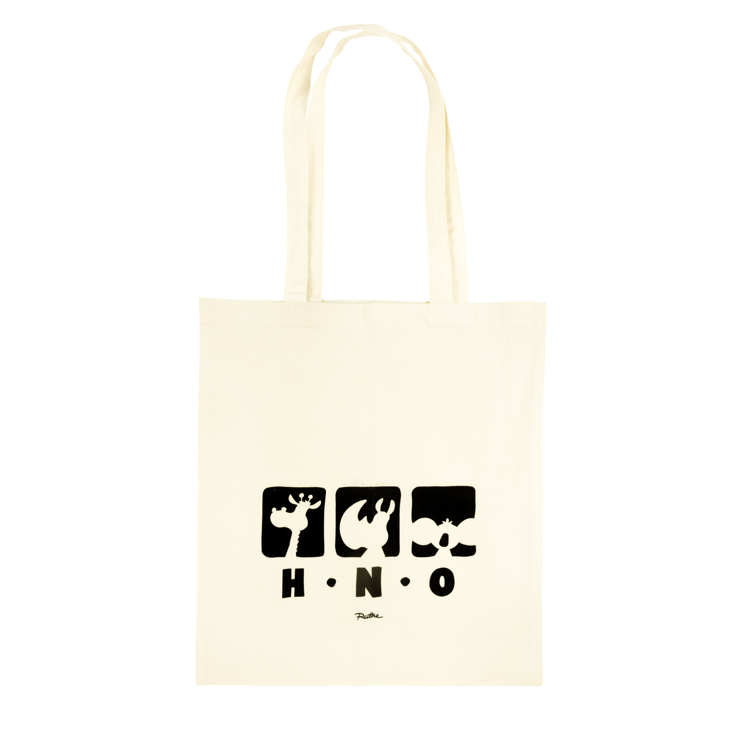 Beige Stofftasche mit schwarzen Tierbildern und Buchstaben.