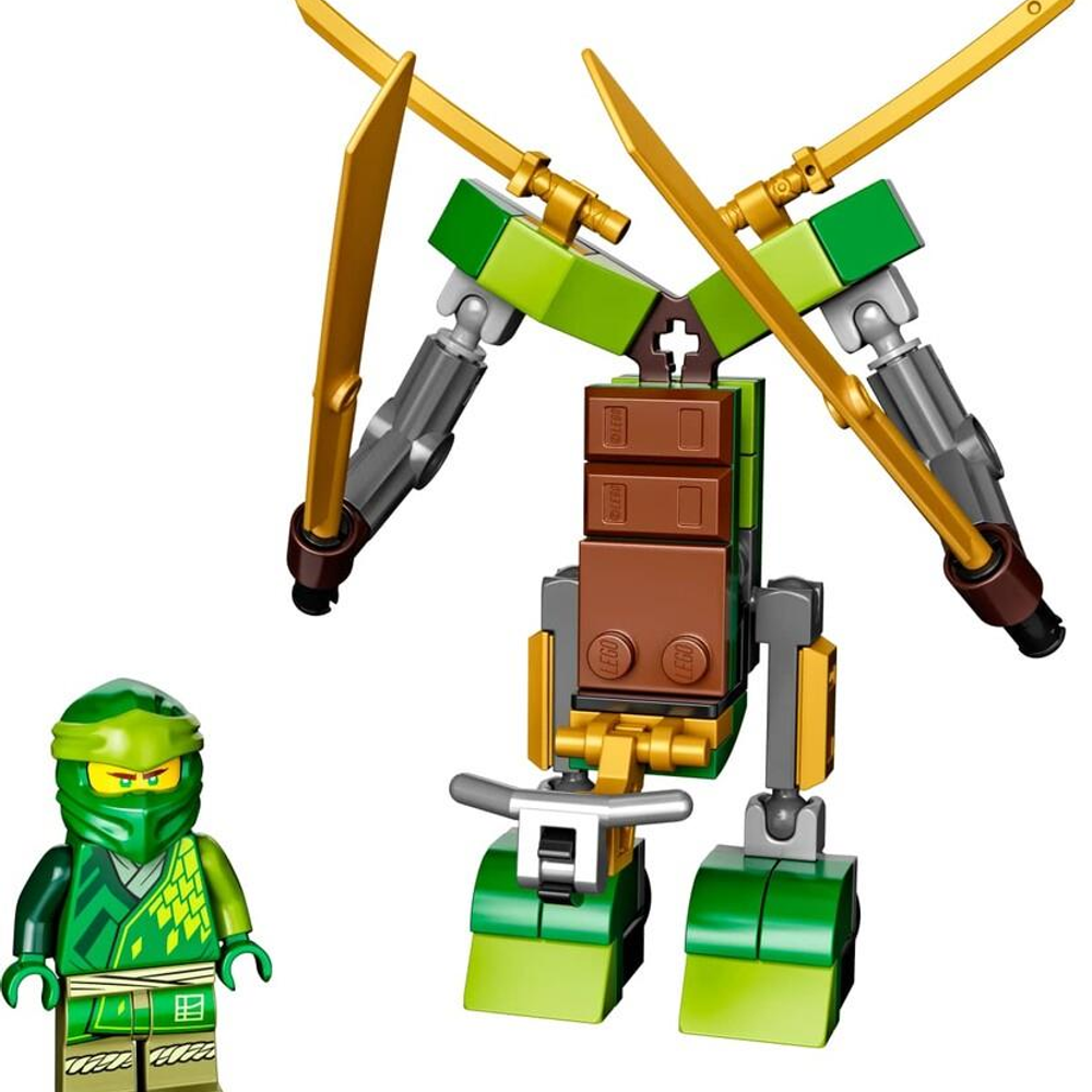 Figura ninja verde e robot Lego verde/marrone con spade dorate.