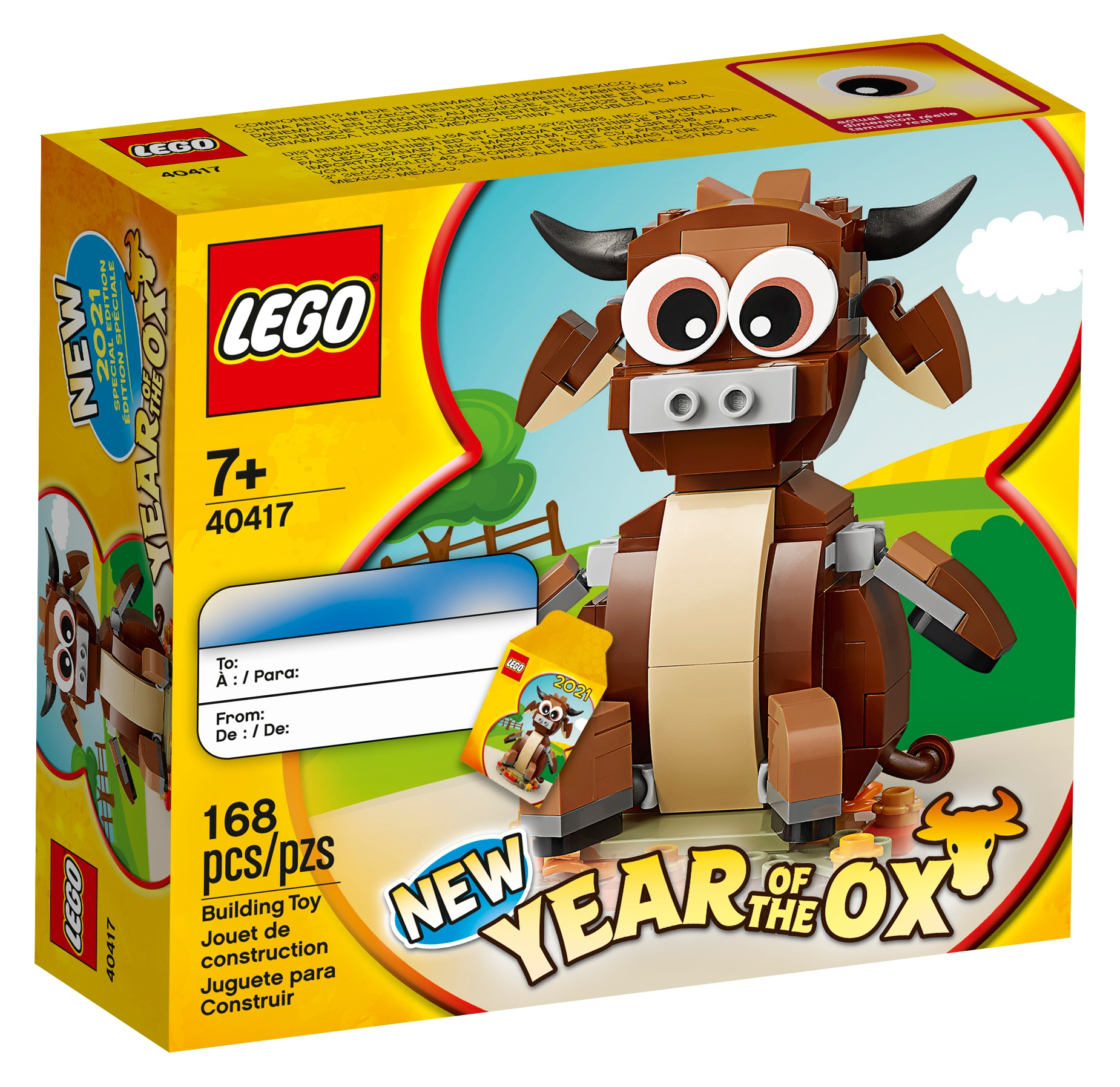Set di costruzione LEGO 40417 Anno del Bue, un bue marrone con grandi occhi.