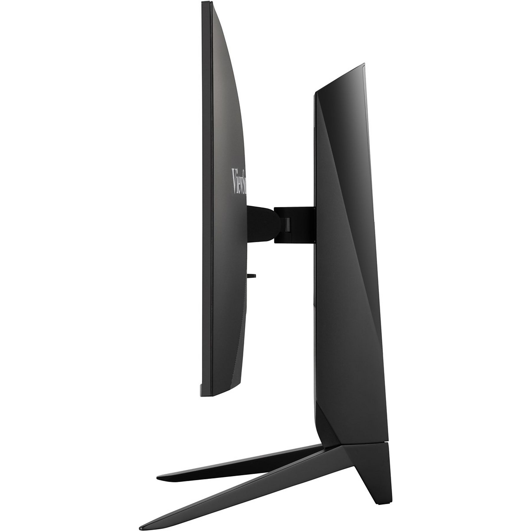 Ein schwarzer Computermonitor mit schmalem Rahmen und einem dreibeinigen Ständer.