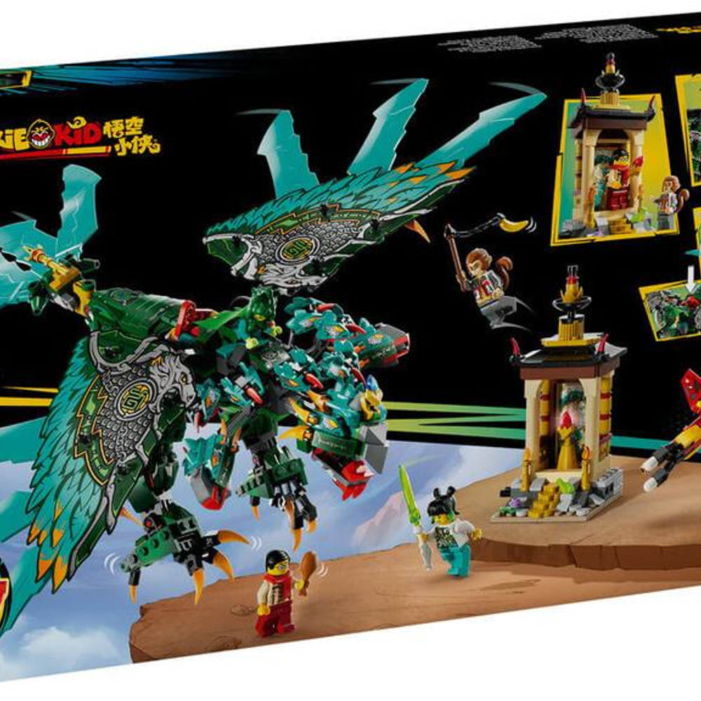 Zielony smok Lego z figurkami i wieżami na czarnym tle.