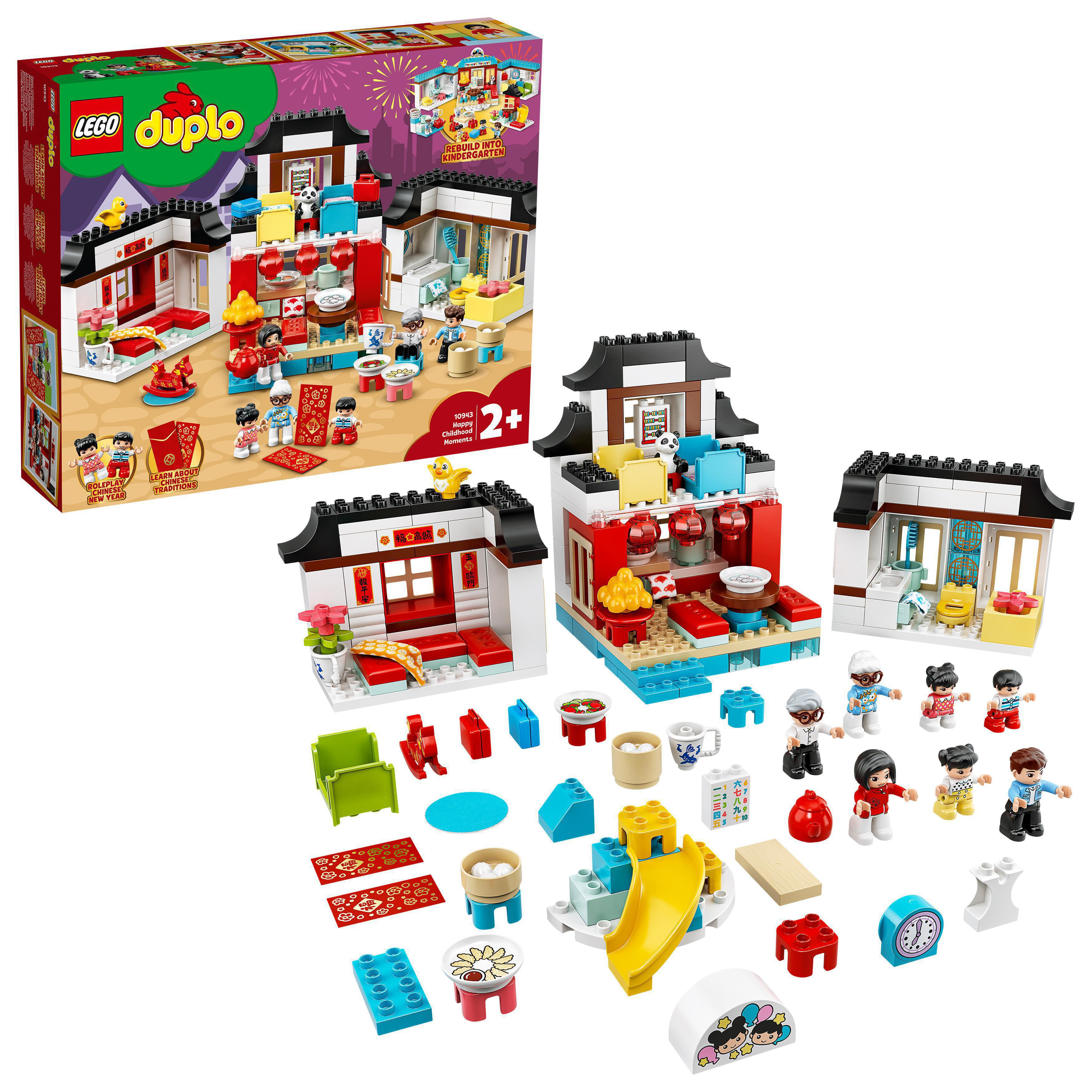 Figürler, ev, yiyecek ve oyun alanı öğeleri içeren LEGO Duplo seti.