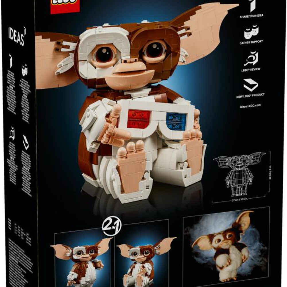 Model Lego brązowego i białego Gremlina w okularach 3D.