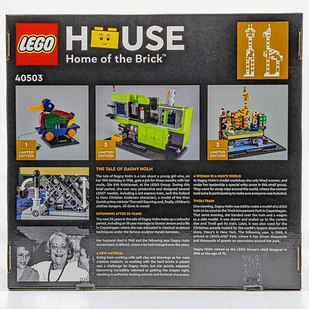 Üç model içeren LEGO House seti: ördek araba, yeşil makine ve Tivoli treni.