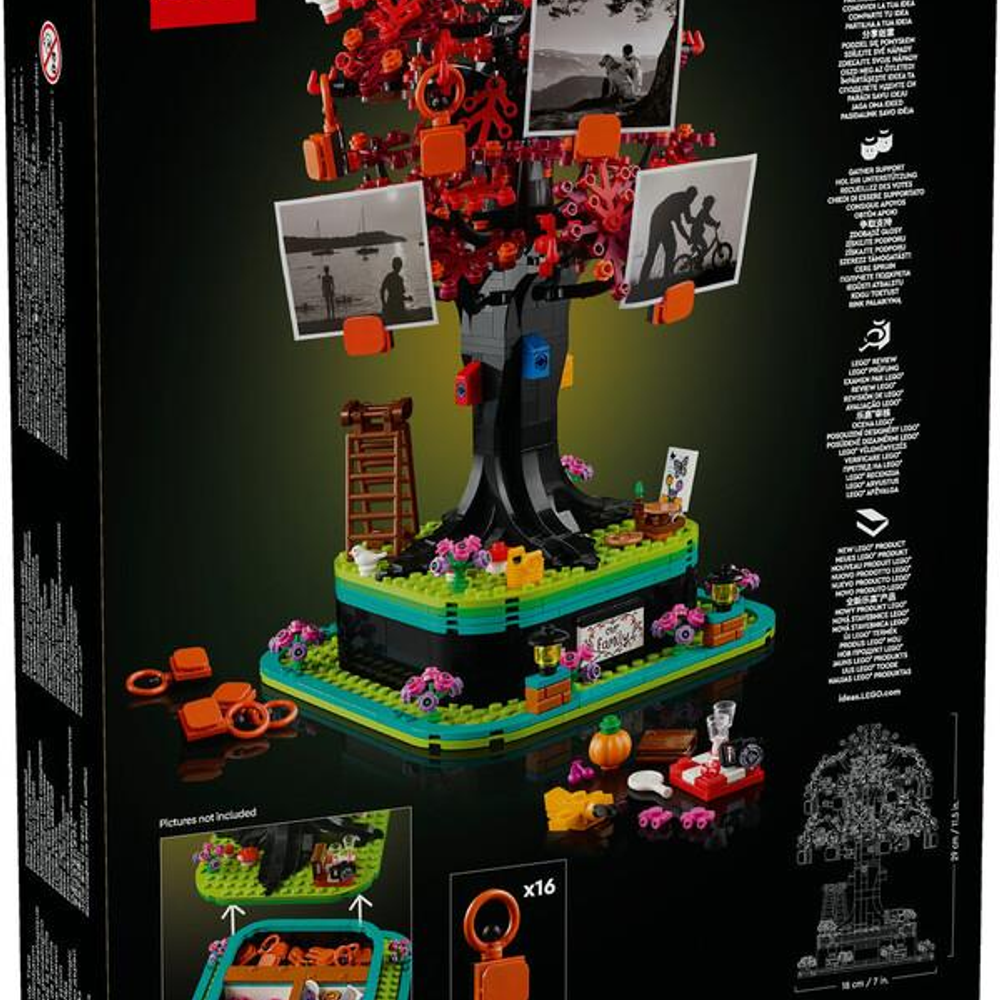Een LEGO-model van een zwarte boom met rode bladeren en foto's.