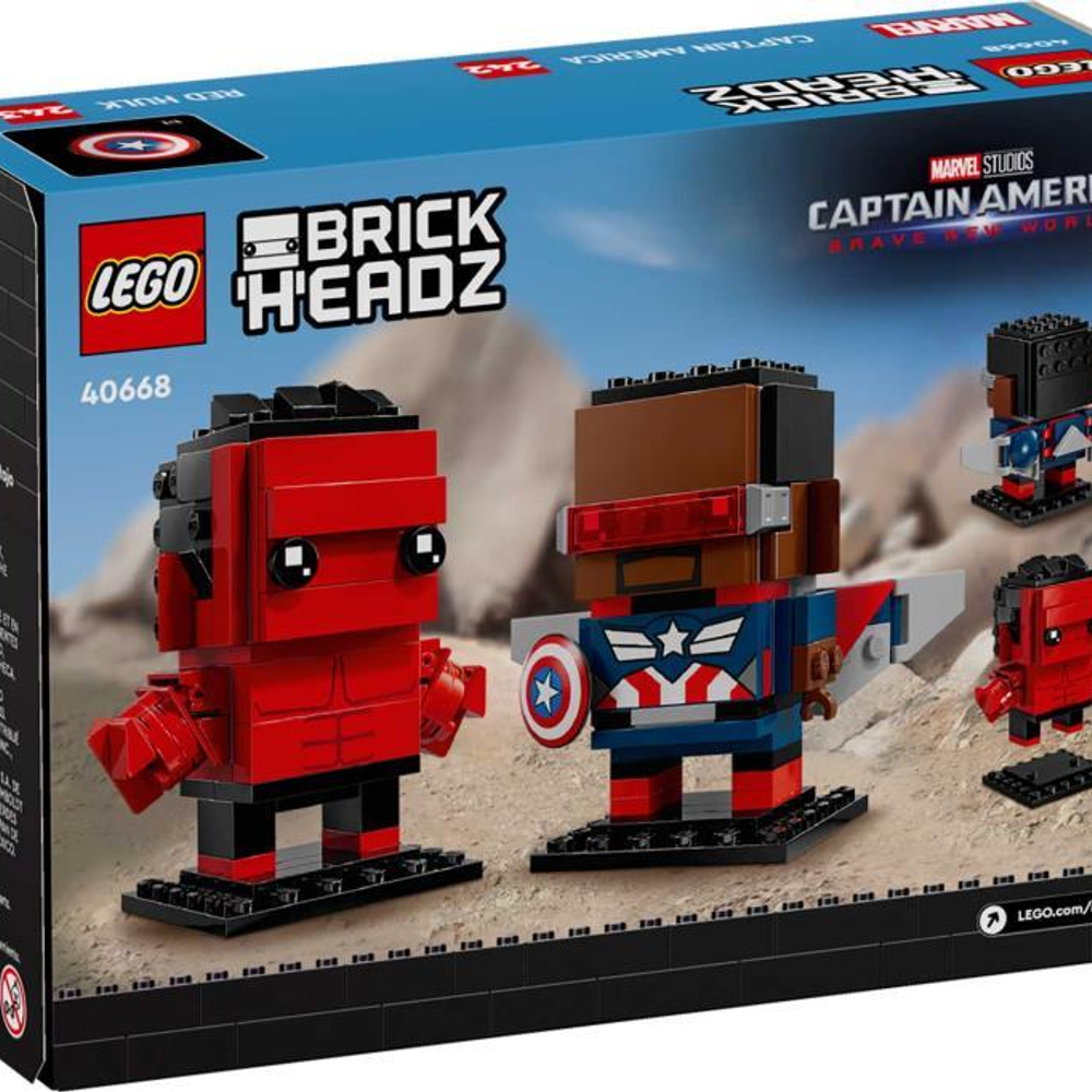 Kırmızı Hulk ve Kaptan Amerika LEGO BrickHeadz bir kutuda.