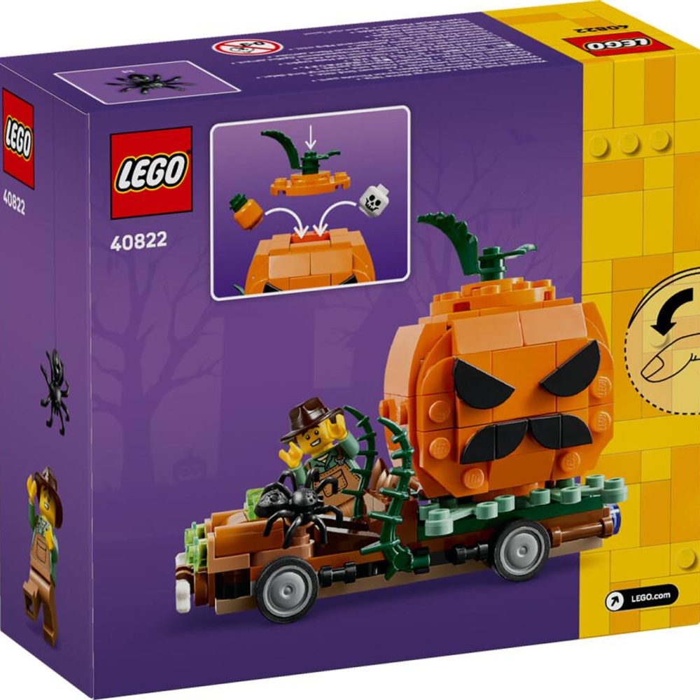 Bir LEGO Cadılar Bayramı seti, balkabağı araba, figür ve örümcekler içerir.